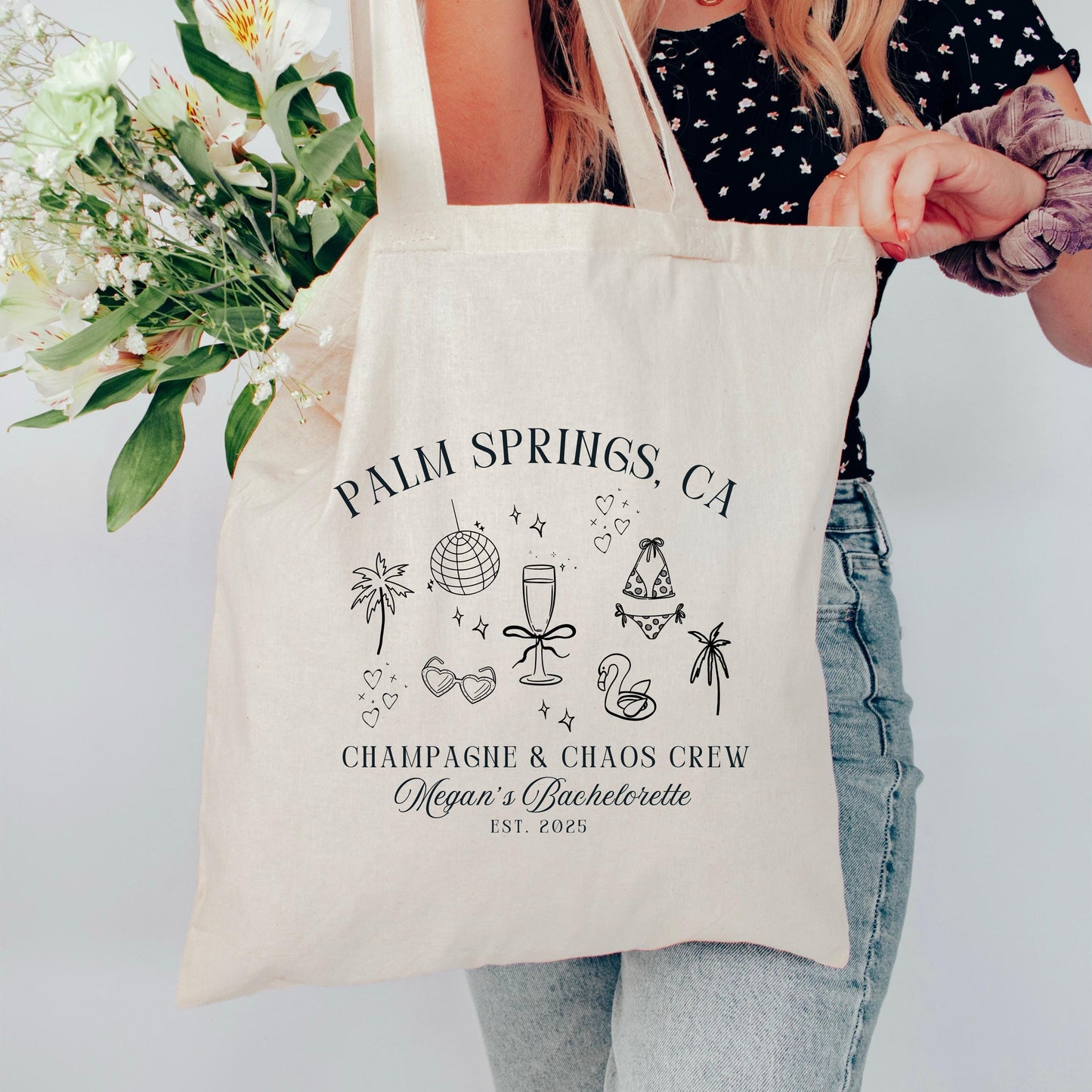 Custom Bachelorette Tote Bag, Champagne and Chaos Crew, Destination Bachelorette Party, Bridesmaid Gift, Girls Trip Bag