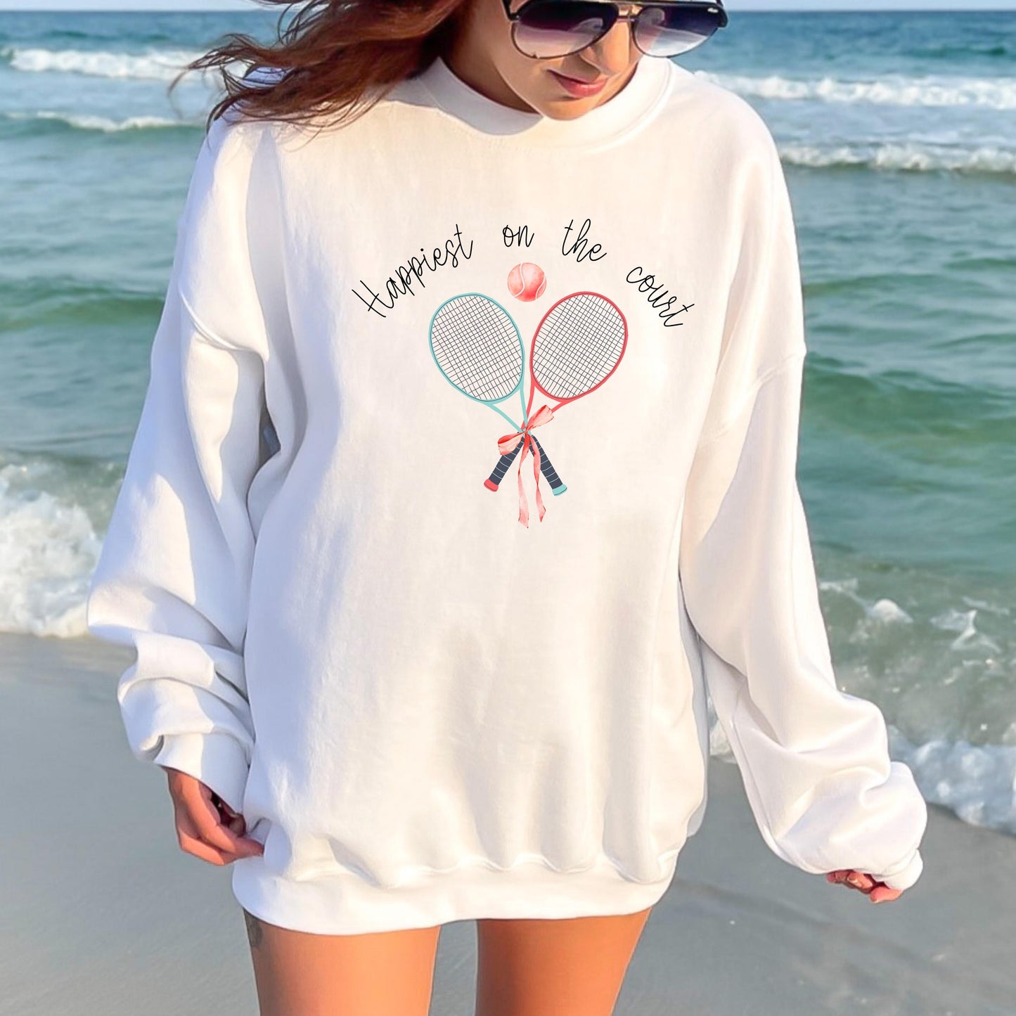 Happiest on the Court Sweatshirt, Cozy Tennis Crewneck, Preppy Pastel Tennis Sweatshirt, Ribbon Graphic Tennis Shirt, Unisex Tennis Gift