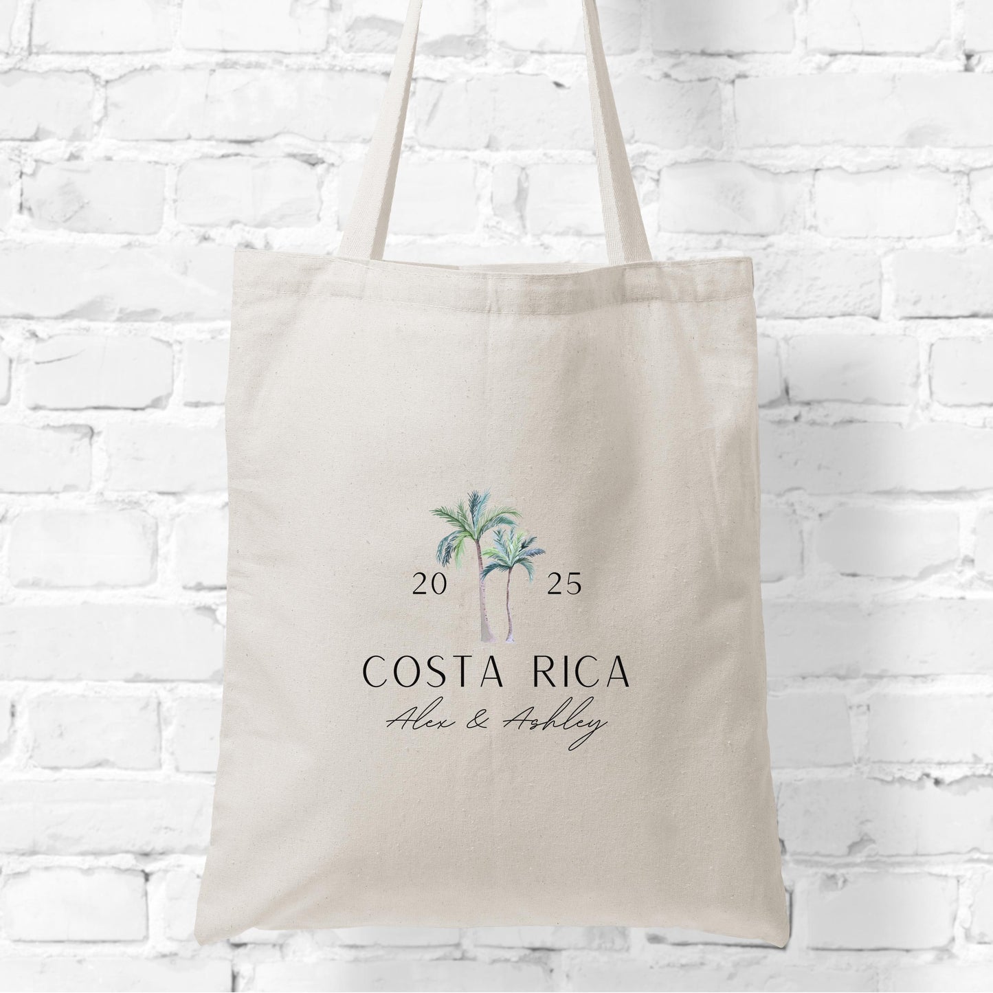 Custom Wedding Tote Bag, Tropical Honeymoon Gift Bag, Minimalist Bride and Groom Name Tote, Personalized Location Wedding Favor