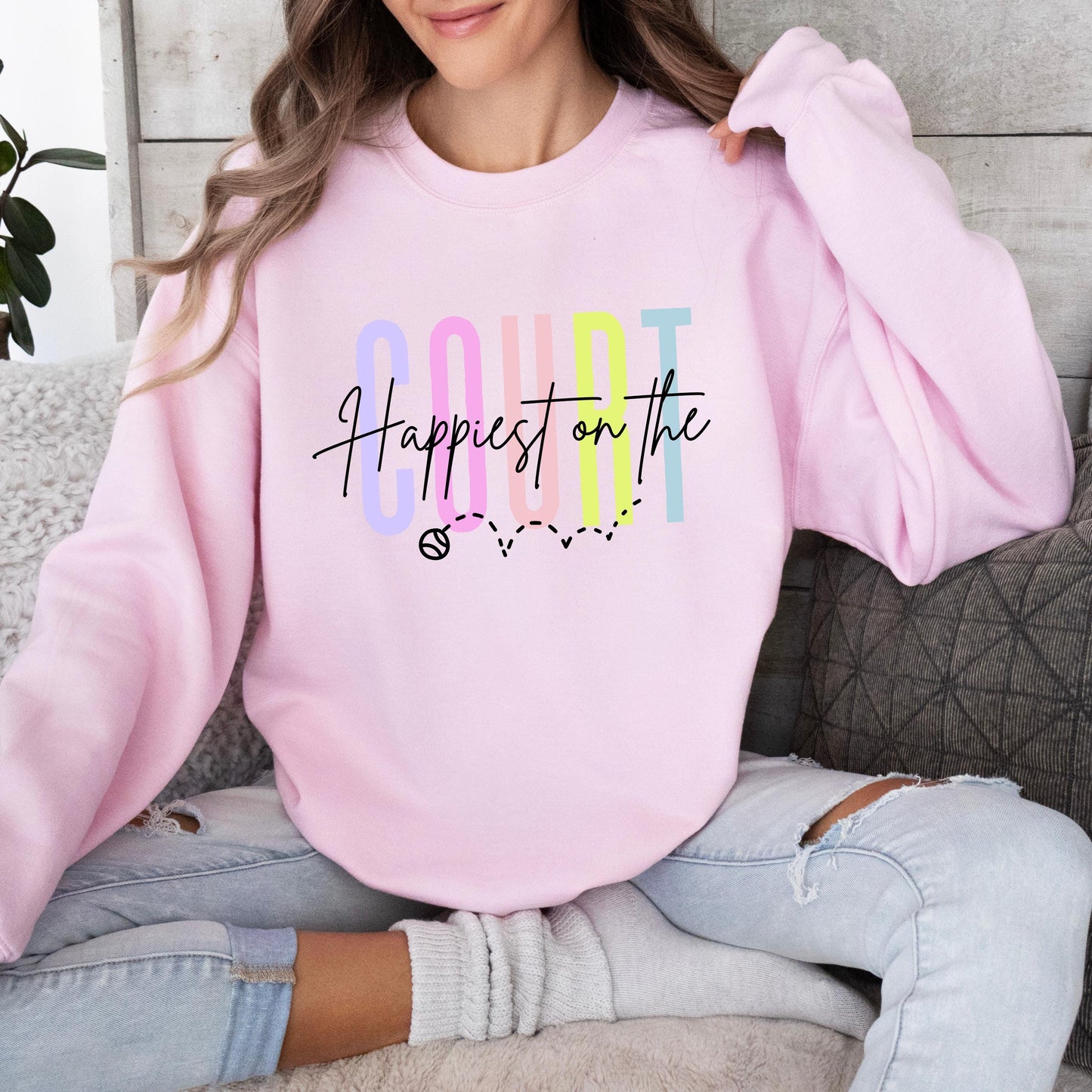 Happiest on the Court Sweatshirt, Colorful Tennis Crewneck, Unisex Gildan 18000, Cozy Tennis Lover Gift, Fun Tennis Ball Graphic Shirt