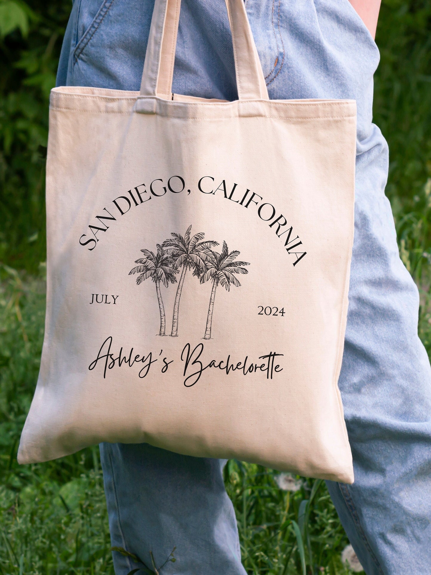 Custom Tropical Bachelorette Tote - Palm Tree Girls Trip Bag - Personalized Destination Party Favor - Beach Getaway Gift