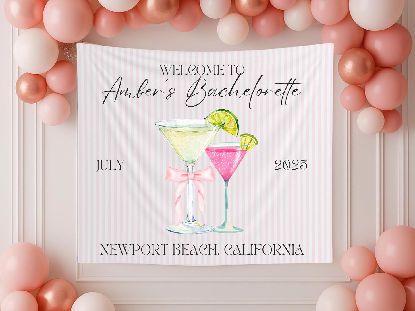 Welcome to Bach Banner, Pink Striped Bachelorette Party Sign, Custom Martini Girls Trip Decor, Elegant Bridal Shower Backdrop
