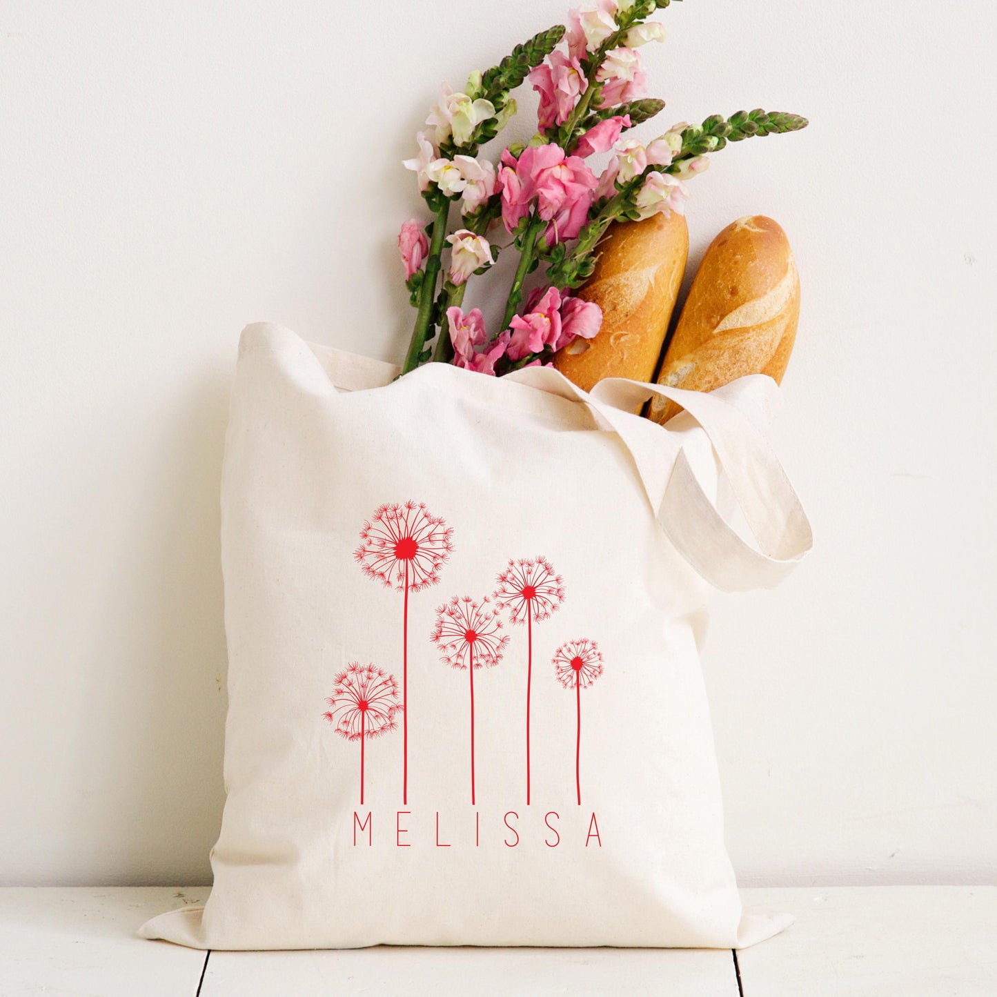 Personalized Dandelion Tote Bag - Custom Name Canvas Tote - Bridesmaid Gift, Wedding Party Favor, Girls Weekend, Mom Gift, Reusable Bag