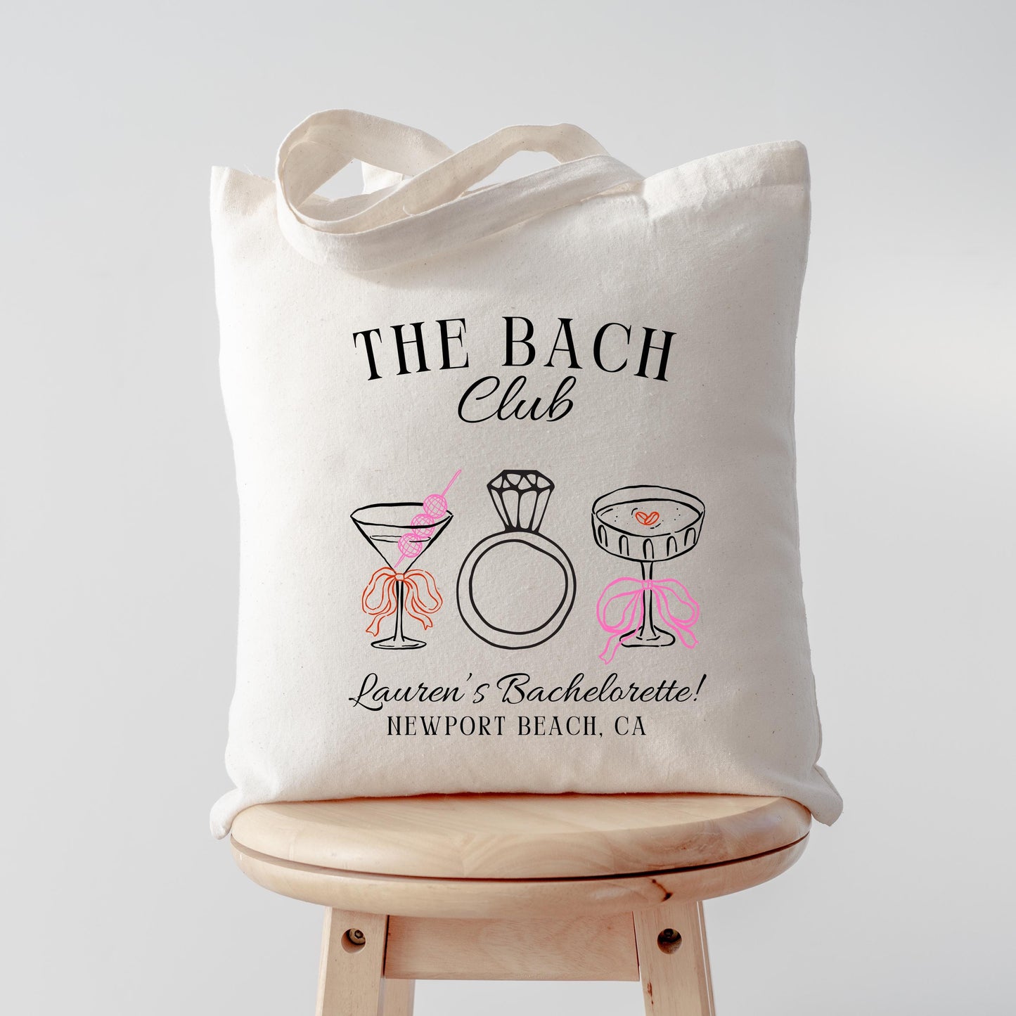 Bach Club Bachelorette Tote, Custom Cocktail Bride Bag, Wedding Ring Graphic Tote, Girls Trip Favor, Bridal Party Weekend Gift