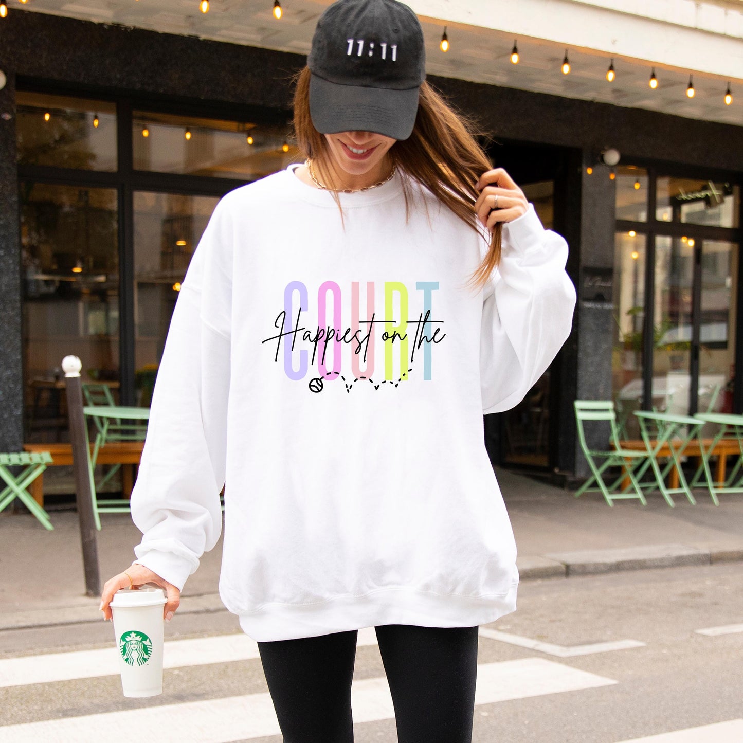 Happiest on the Court Sweatshirt, Colorful Tennis Crewneck, Unisex Gildan 18000, Cozy Tennis Lover Gift, Fun Tennis Ball Graphic Shirt