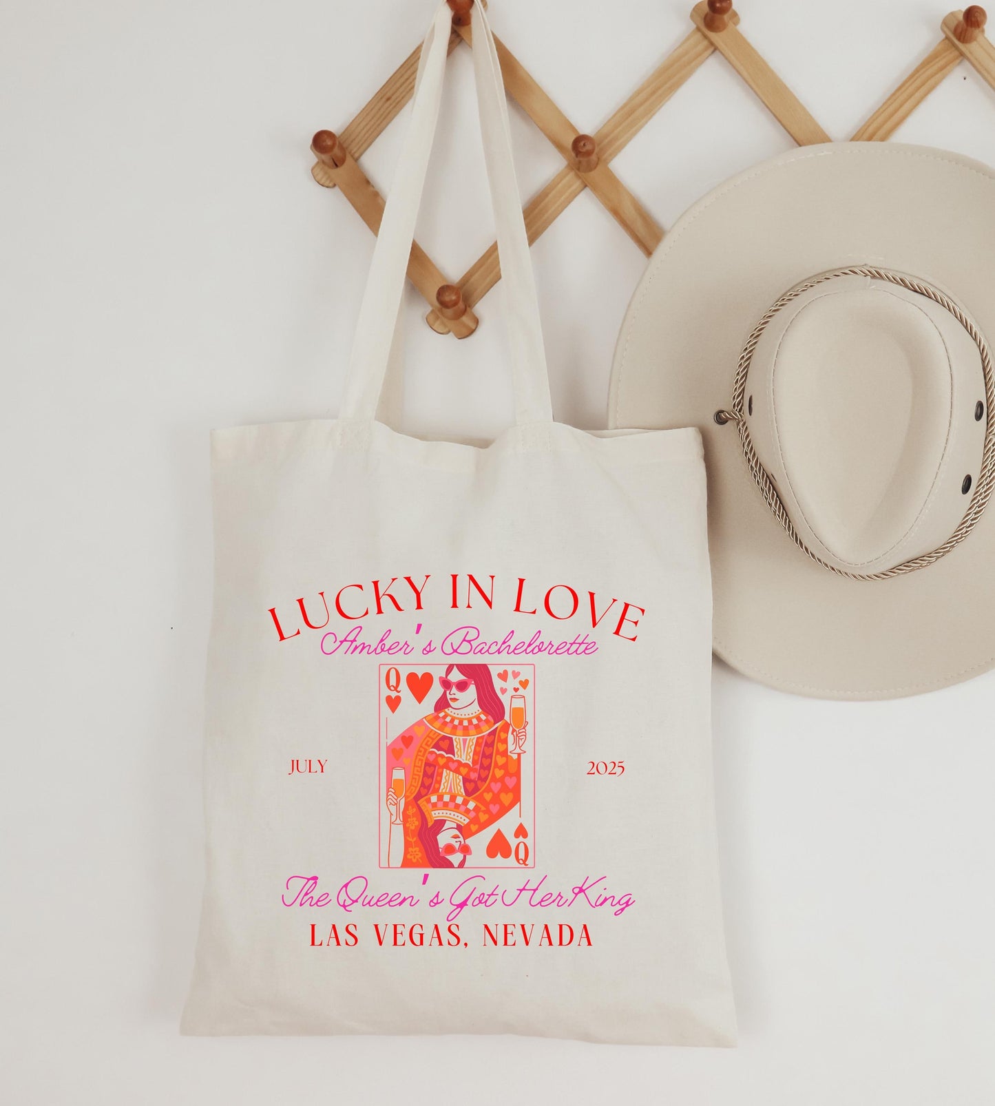 Lucky in Love Bachelorette Tote Bag, Custom Queen of Hearts Design, Bridal Party Favor, Girls Trip Gift, Vegas Bride Tote