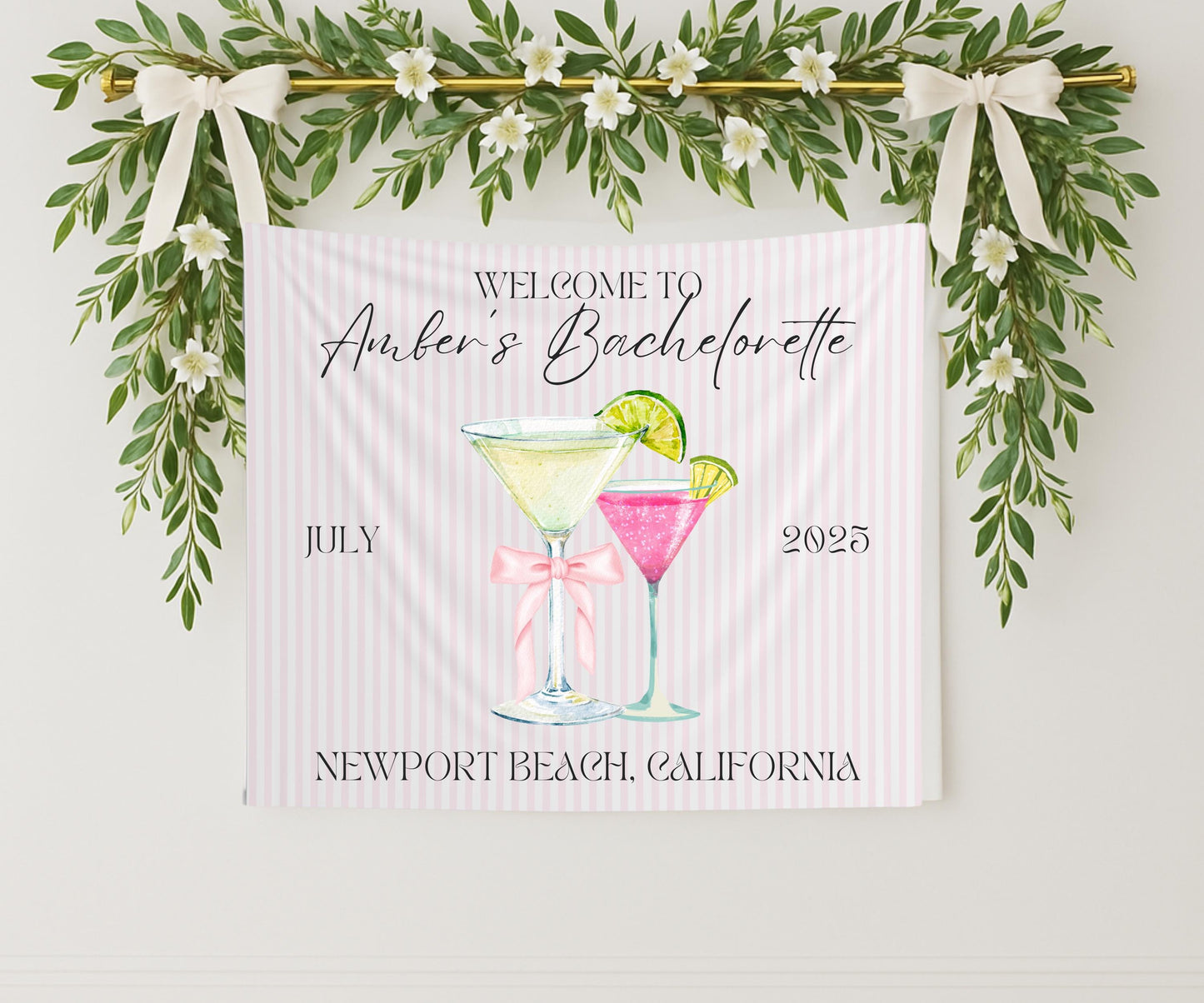 Welcome to Bach Banner, Pink Striped Bachelorette Party Sign, Custom Martini Girls Trip Decor, Elegant Bridal Shower Backdrop