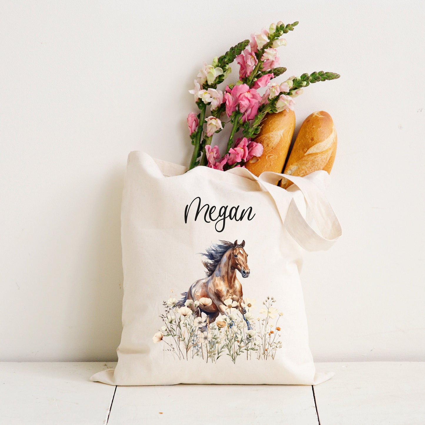 Custom Horse Tote, Horse Lover, Country Western Wildflower Bag, Horse Owner Gift, Birthday for Her, Add Custom Name and Choose Graphic