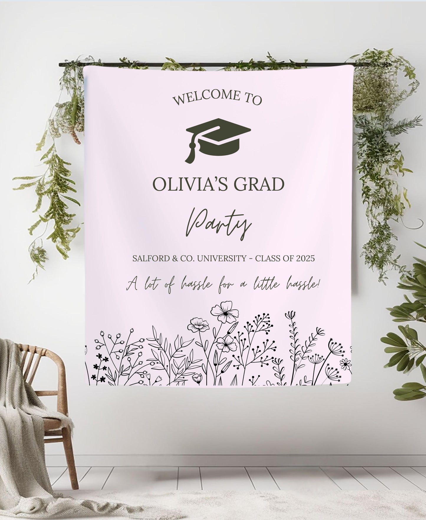 Elegant Graduation Banner with Black Florals, Custom Class of 2025 Sign, Hassle for Tassel Quote, Grad Party Decor Backdrop