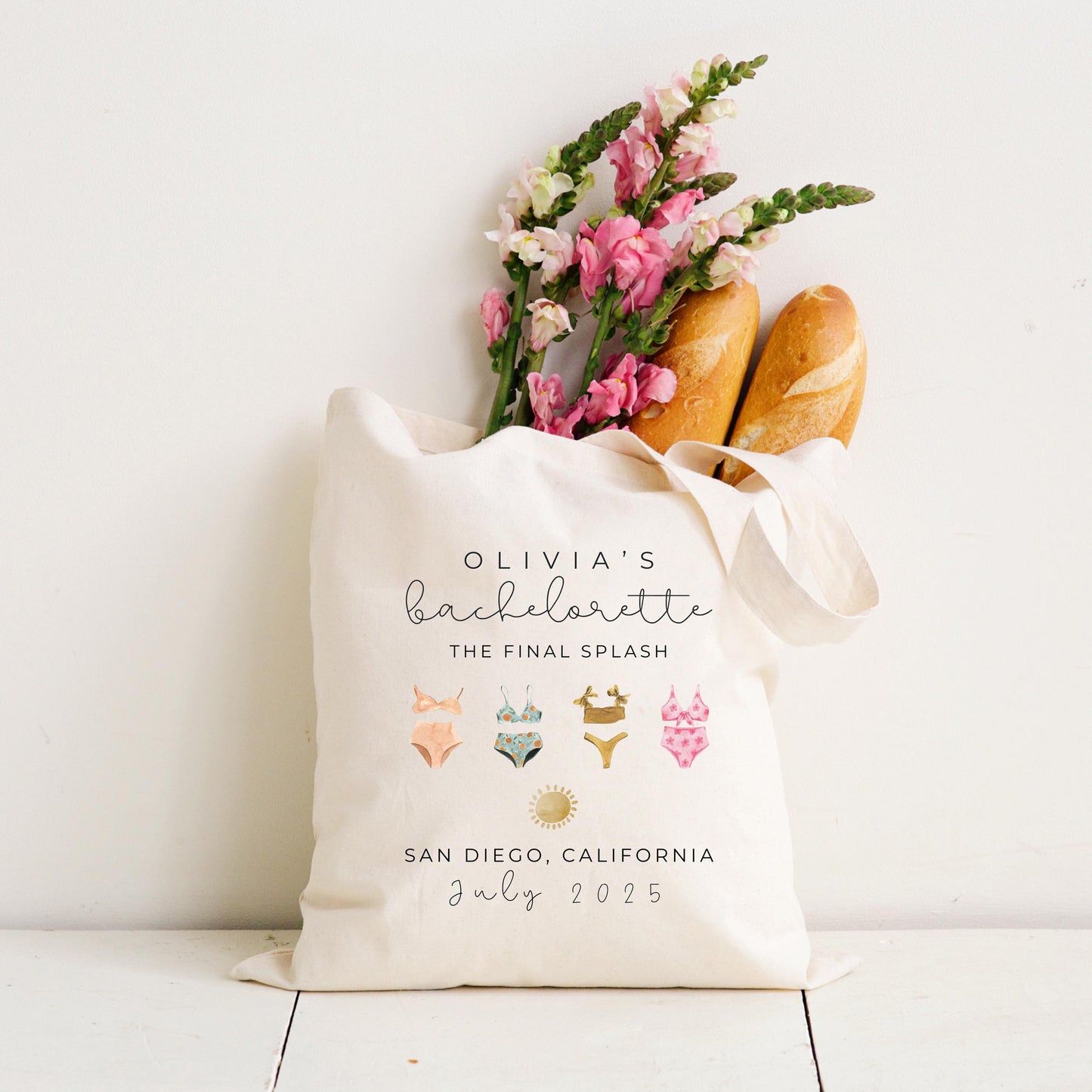 Beach Bachelorette Tote Bag, Pastel Bikini Bridesmaid Gift, Minimalist Bachelorette Favor, Elegant Bride Beach Trip Tote, Custom Name Bag