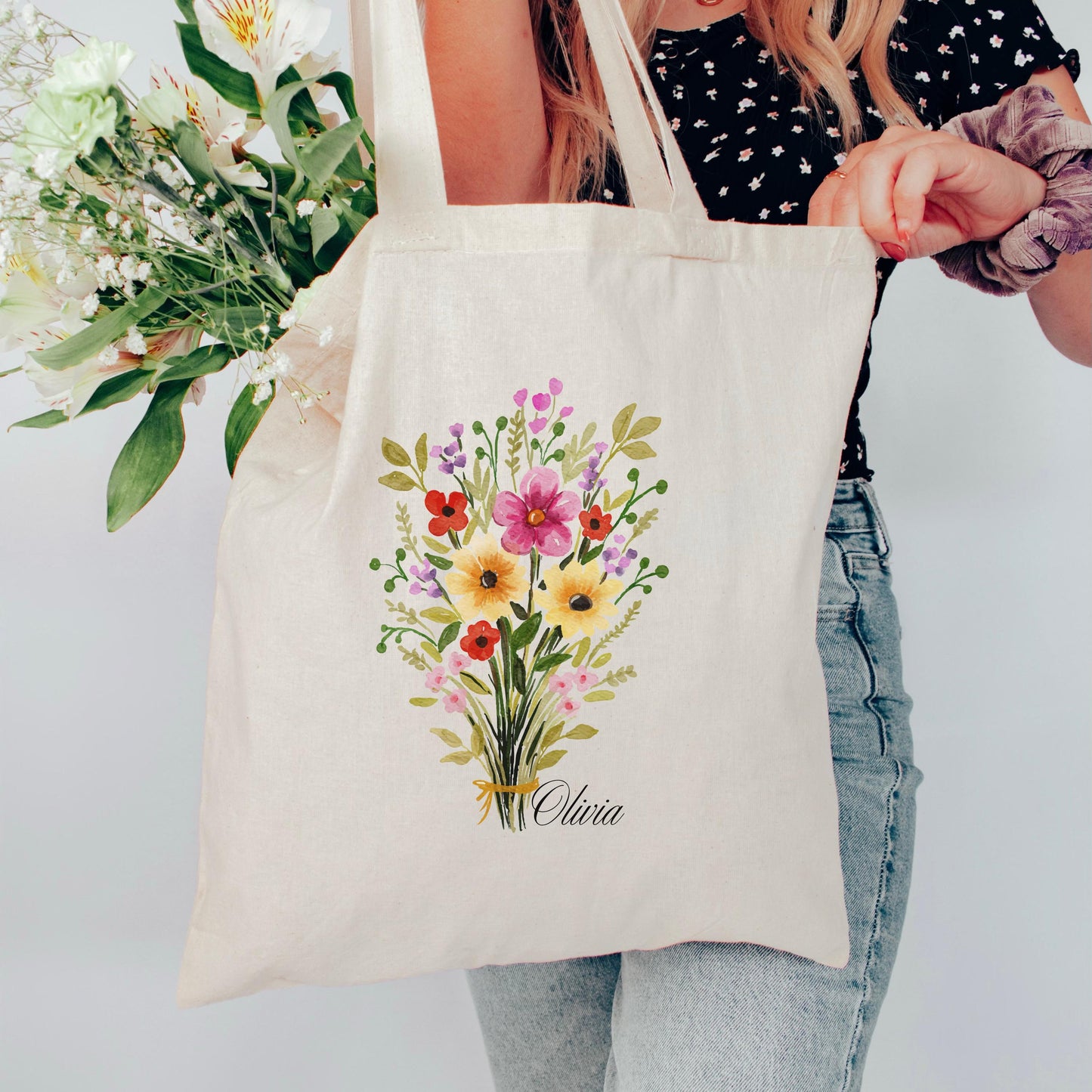 Personalized Bridesmaid Tote - Custom Floral Name Bag - Wedding Party Gift - Unique Bridal Party Proposal Bag