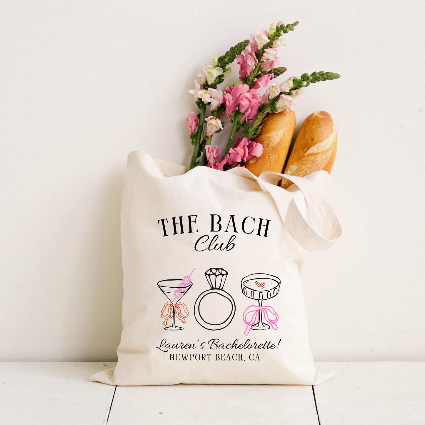 Bach Club Bachelorette Tote, Custom Cocktail Bride Bag, Wedding Ring Graphic Tote, Girls Trip Favor, Bridal Party Weekend Gift