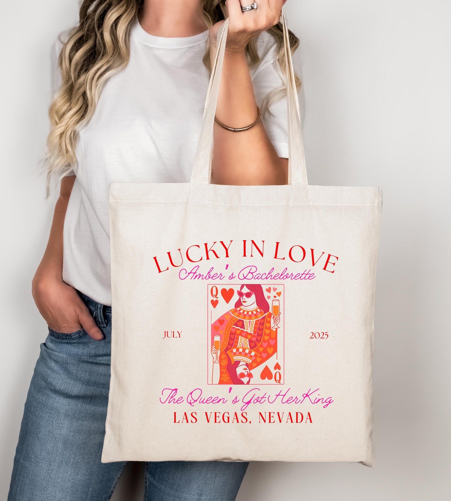 Lucky in Love Bachelorette Tote Bag, Custom Queen of Hearts Design, Bridal Party Favor, Girls Trip Gift, Vegas Bride Tote