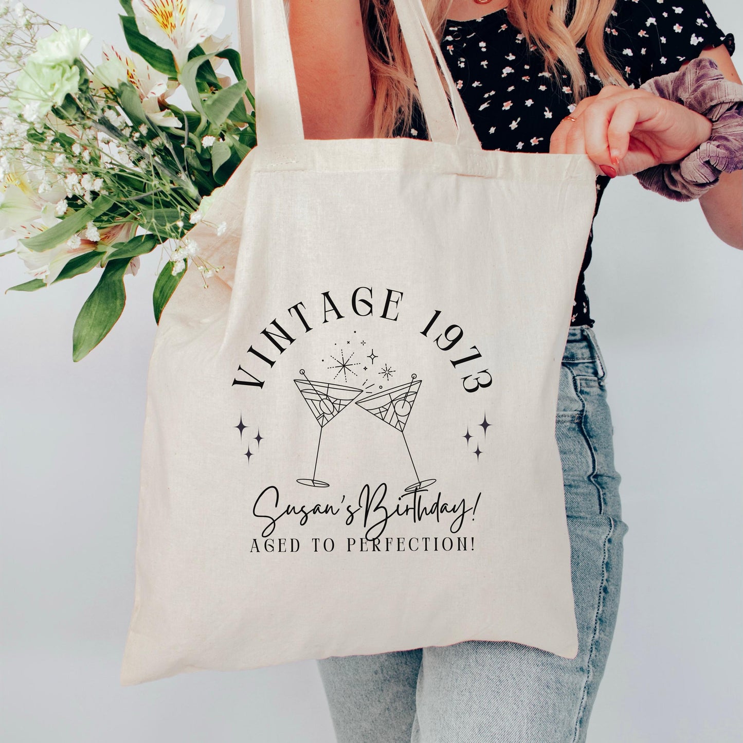 Birthday Favor Tote Bag, Custom Year Vintage Gift, Milestone Party Tote, Personalized 40th 50th 60th Gift Bag, Retro Birthday Tote