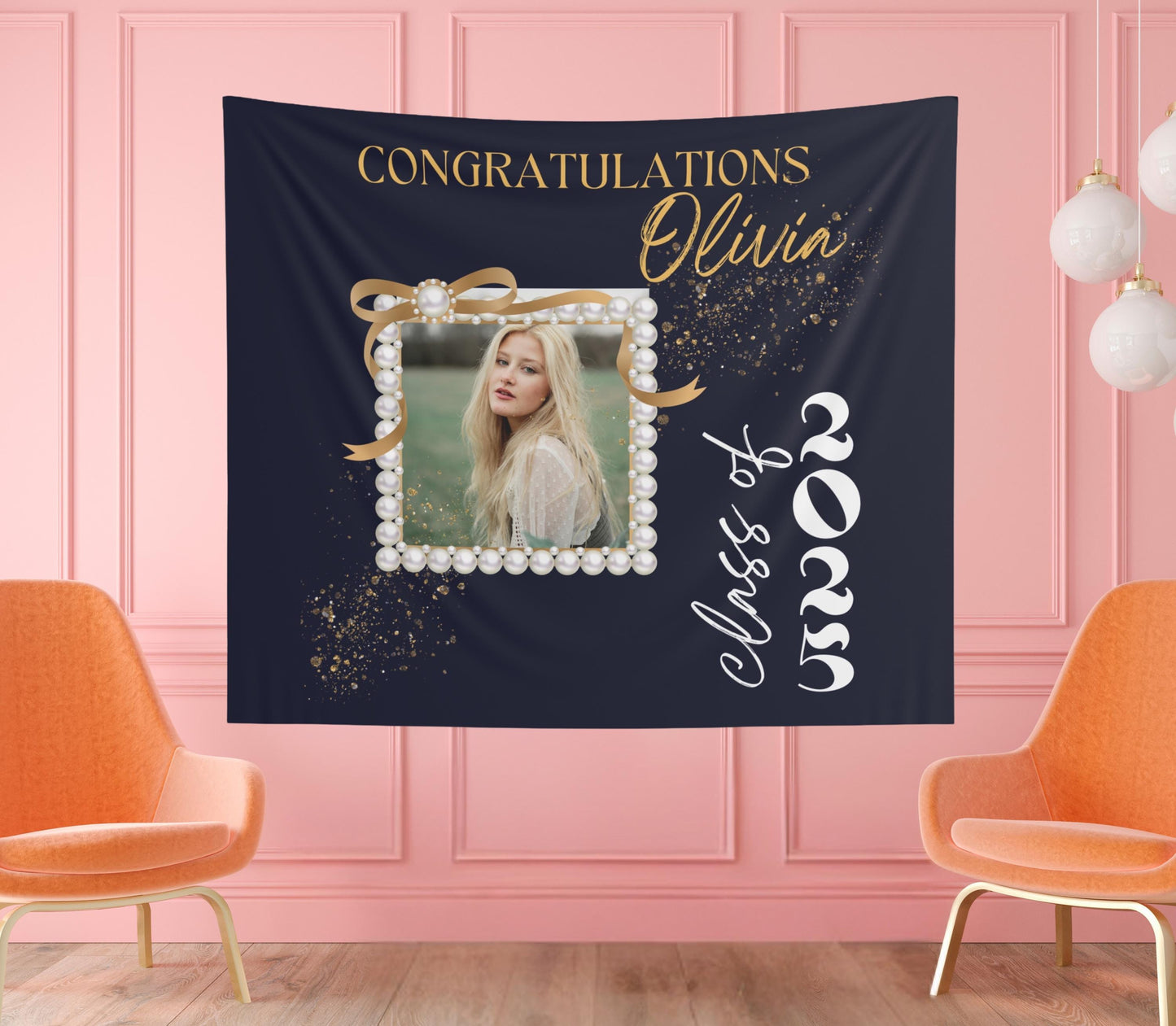 Custom Graduation Photo Banner, Elegant Pearl Frame, High School or College Grad Sign, Class of 2025 Party Decor, Personalized Grad Banner