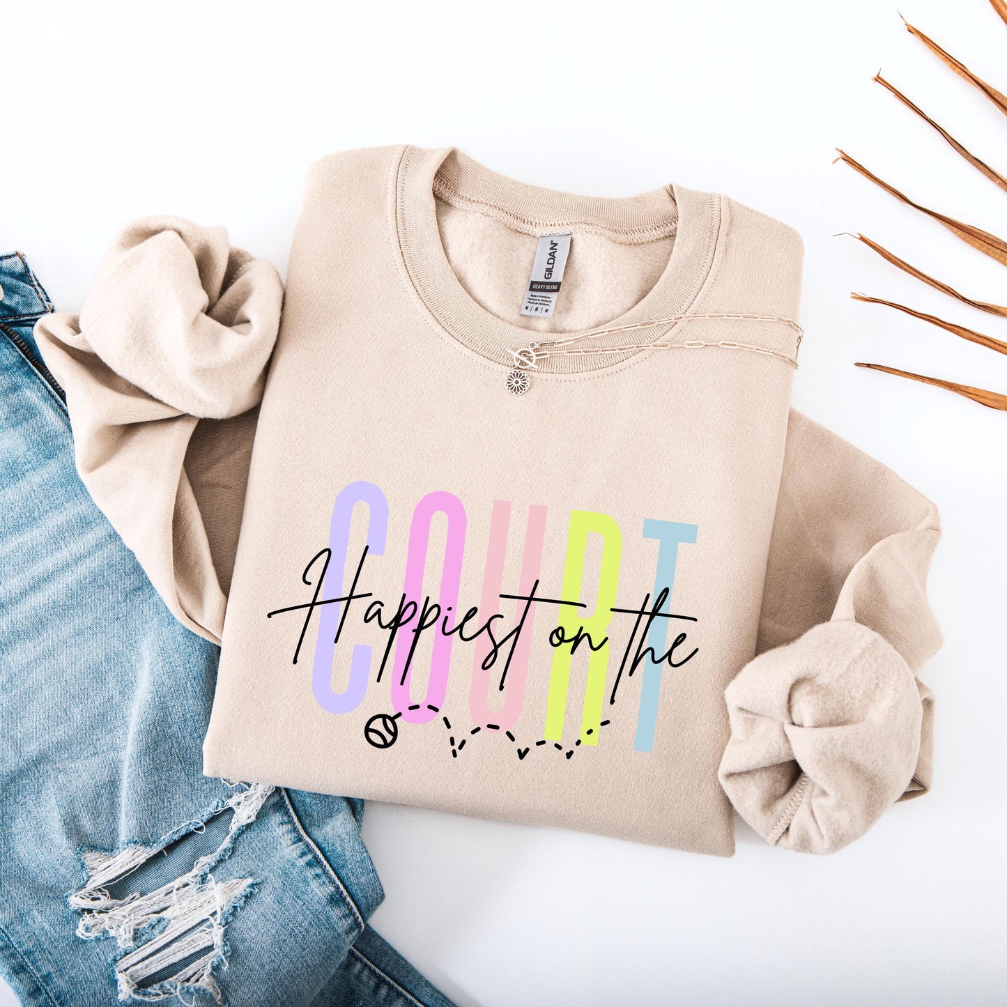 Happiest on the Court Sweatshirt, Colorful Tennis Crewneck, Unisex Gildan 18000, Cozy Tennis Lover Gift, Fun Tennis Ball Graphic Shirt