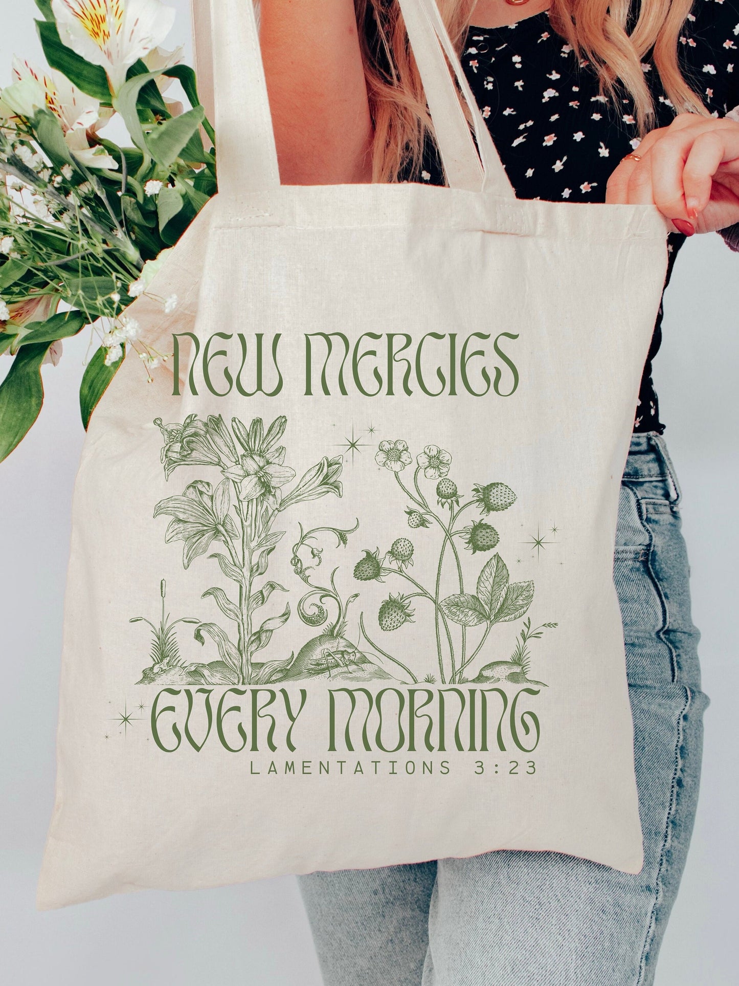 Christian Tote Bag with Bible Script - Unique Book Bag, Canvas Shopping Tote, Birthday Gift for Her, New Mercies Every Morning