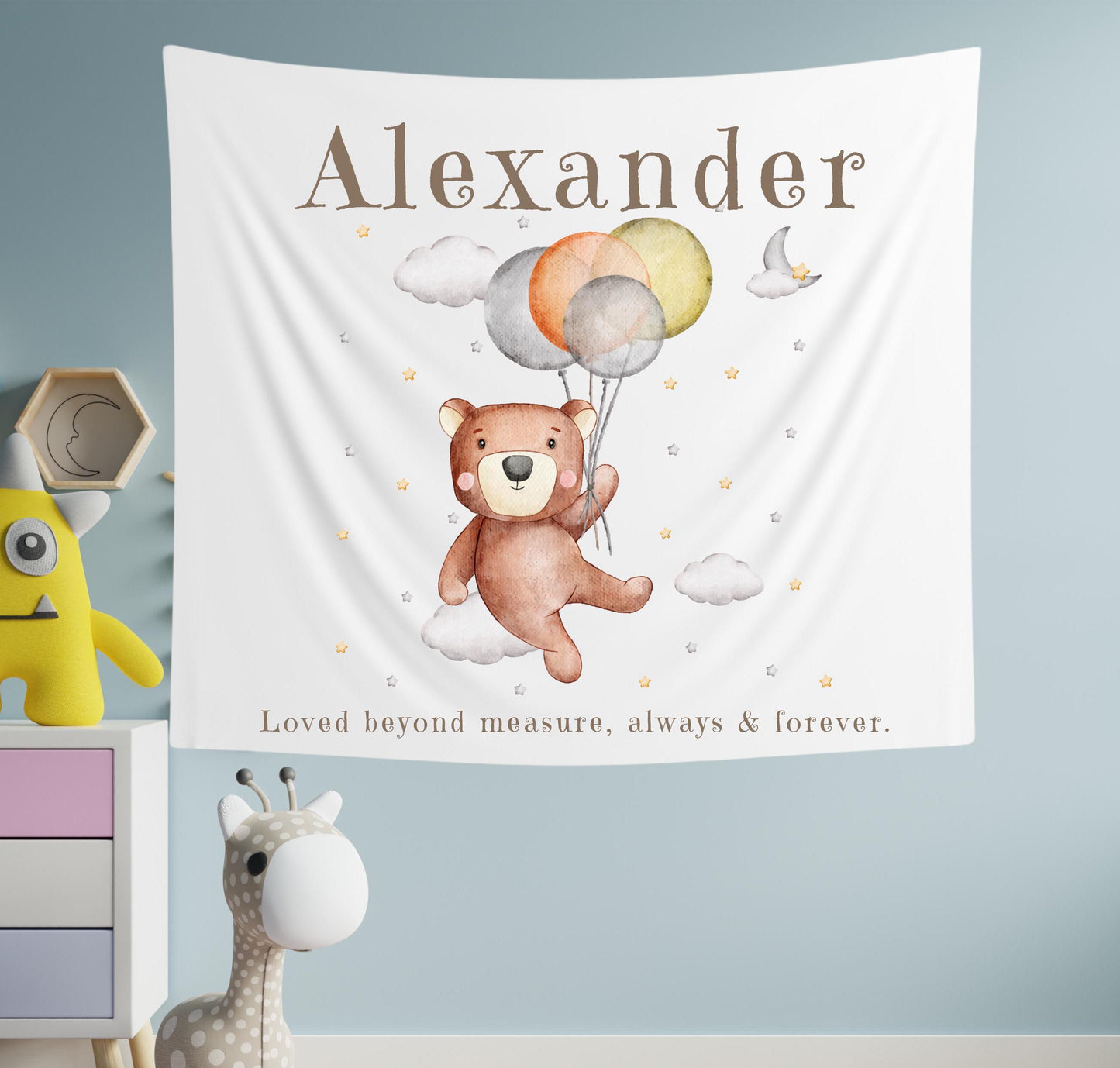 Custom Name Nursery Banner | Teddy Bear Balloon Wall Hanging | Starry Sky Playroom Tapestry | Personalized Kids Room Decor