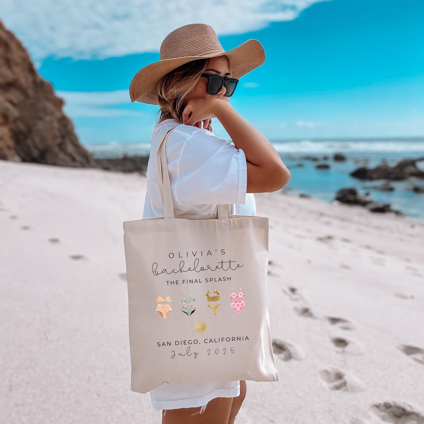 Beach Bachelorette Tote Bag, Pastel Bikini Bridesmaid Gift, Minimalist Bachelorette Favor, Elegant Bride Beach Trip Tote, Custom Name Bag