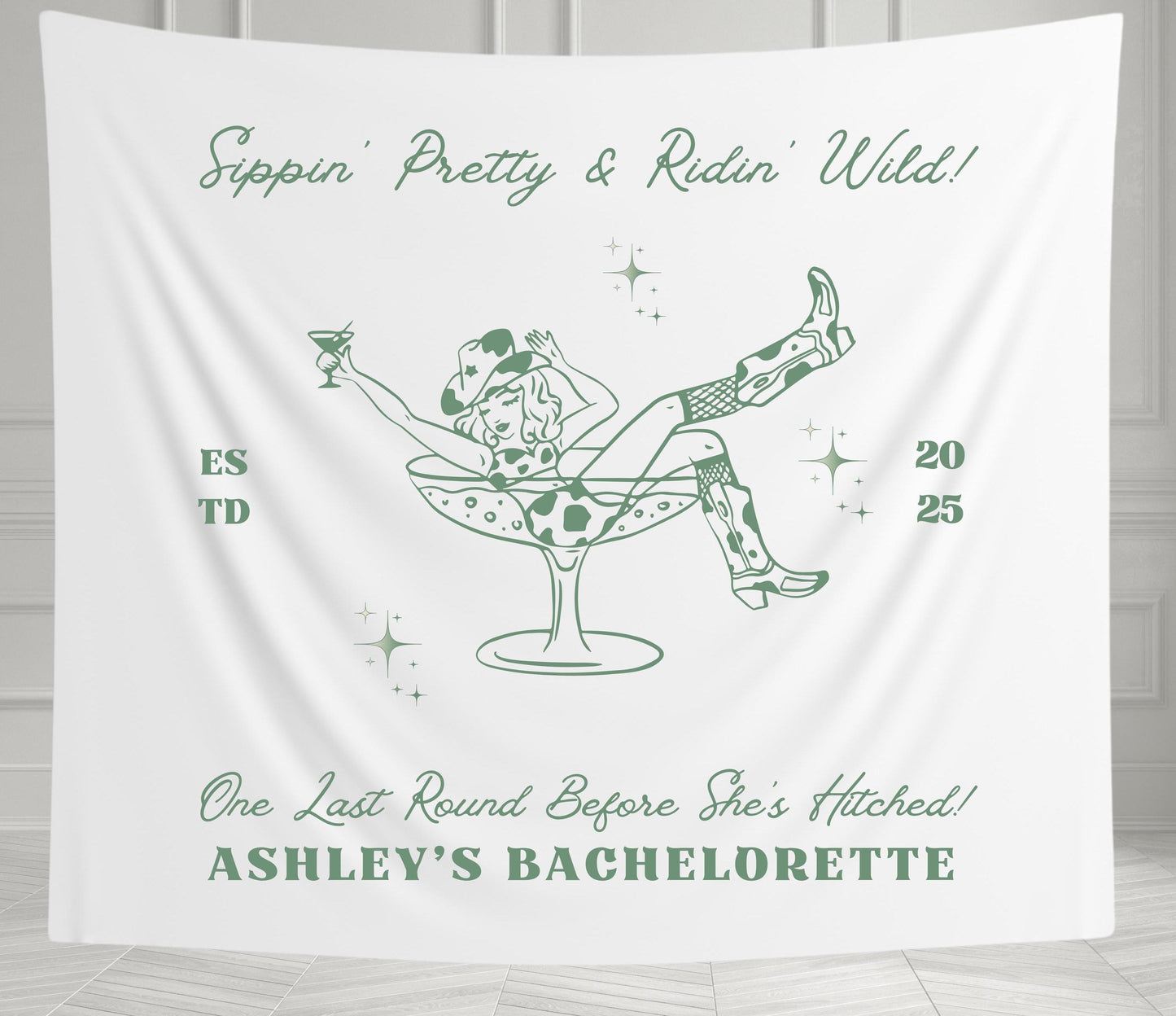 Custom Cowgirl Bachelorette Banner | Sipping Pretty & Riding Wild | Western Party Decor | Personalized Bach Tapestry