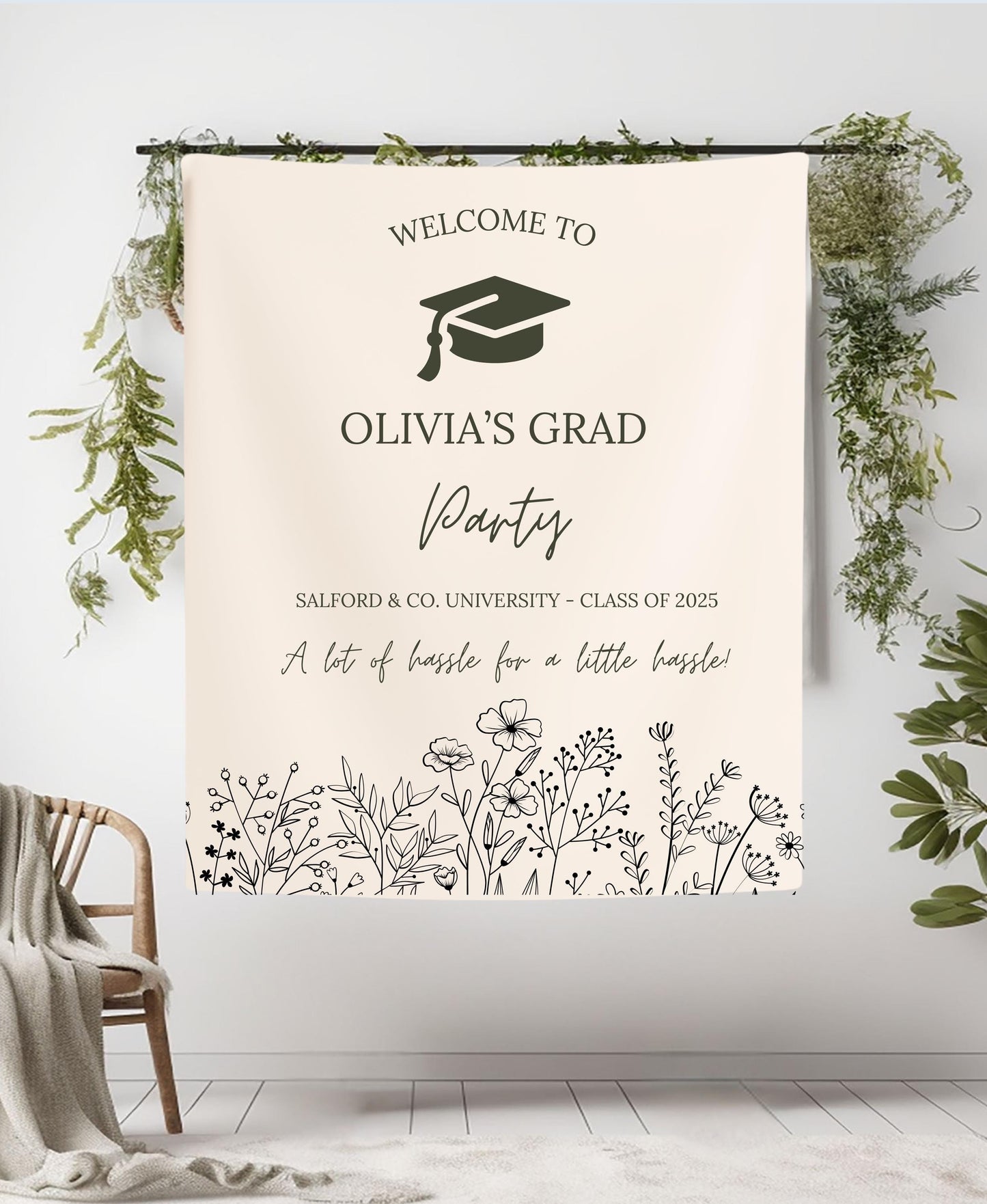 Elegant Graduation Banner with Black Florals, Custom Class of 2025 Sign, Hassle for Tassel Quote, Grad Party Decor Backdrop
