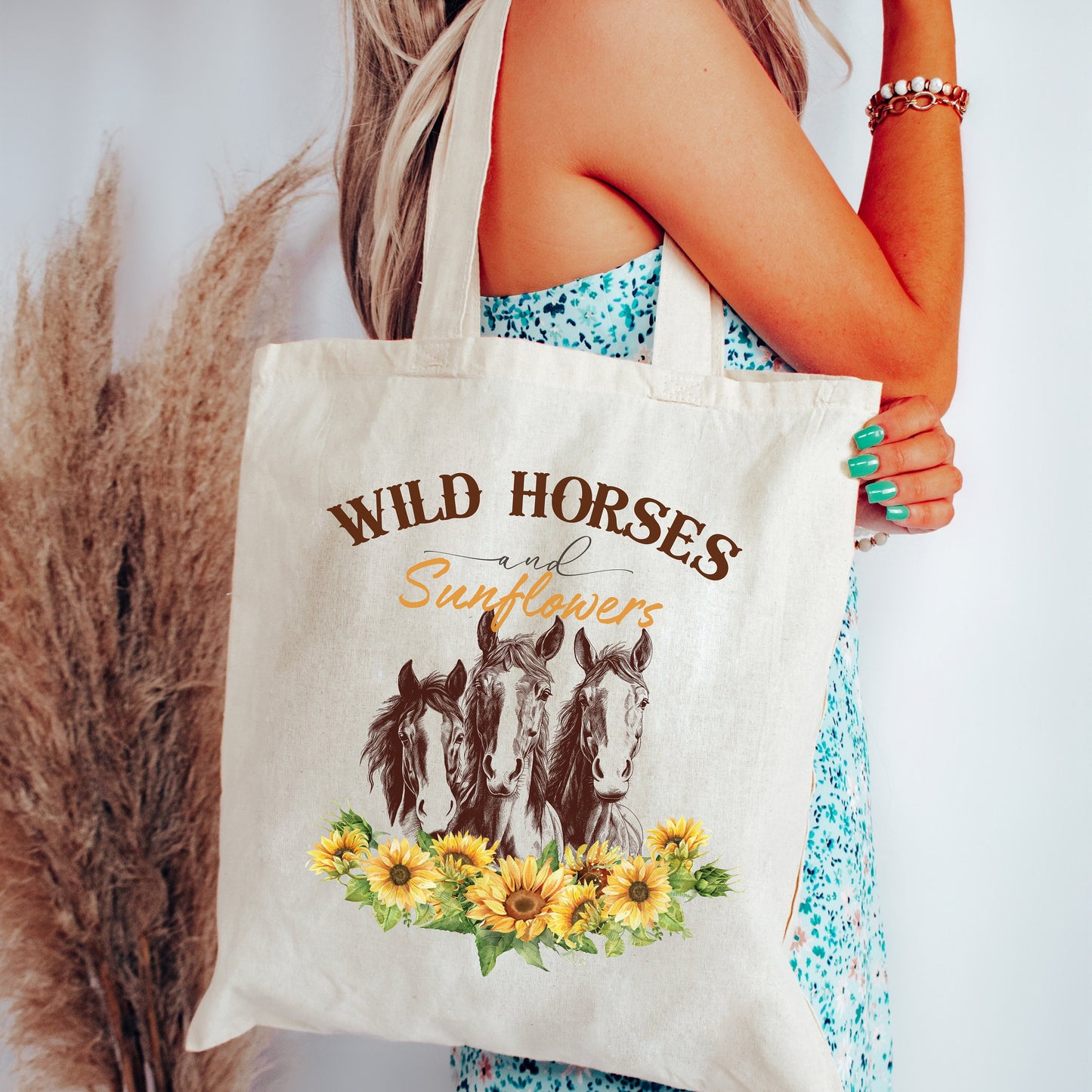 Wild Horses and Sunflowers Tote, Horse Lover Gift Bag, Country Western Tote, Canvas Horse Bag, Floral Horse Gift for Her