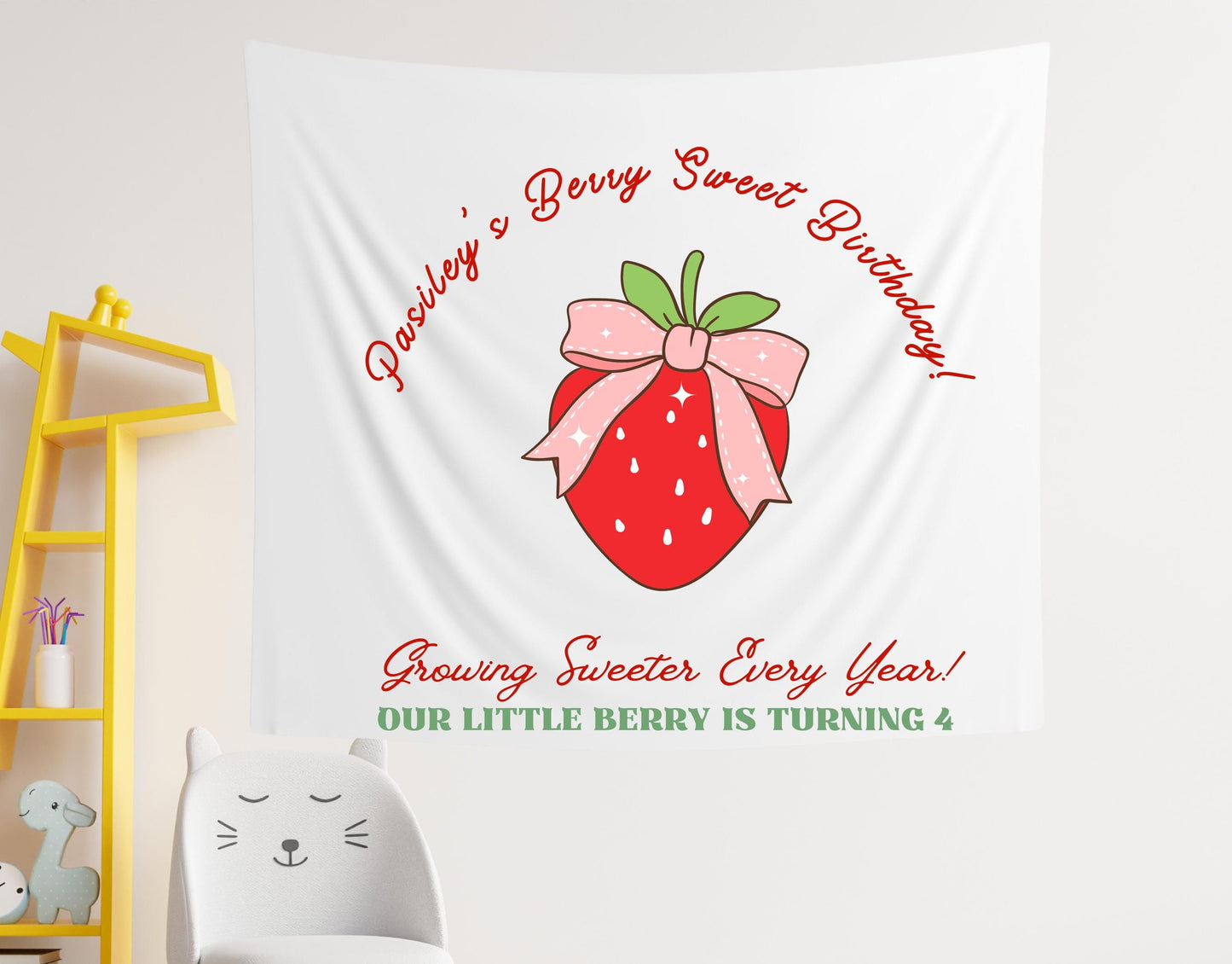 Berry Special Birthday Banner | Custom Strawberry Party Decor | Kids Birthday Tapestry | Personalized Berry Sweet Sign