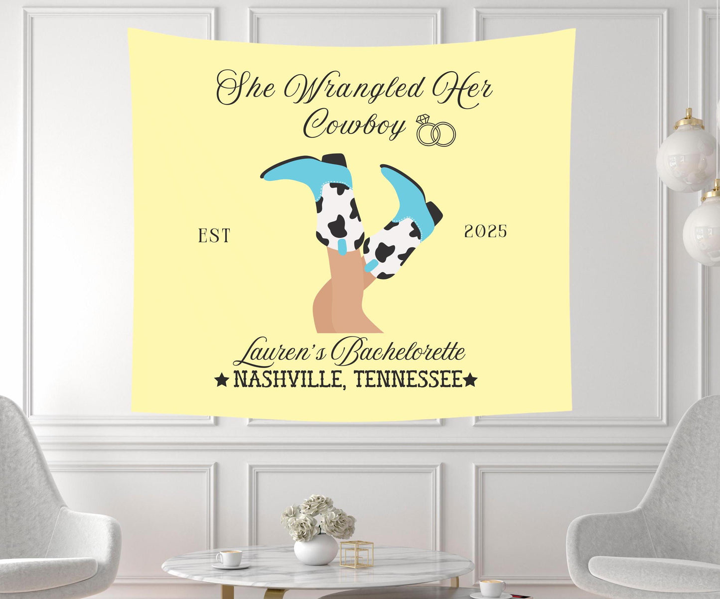She Wrangled Her Cowboy Banner, Western Bachelorette Party Sign, Cowgirl Boots Decor, Last Rodeo Party Backdrop