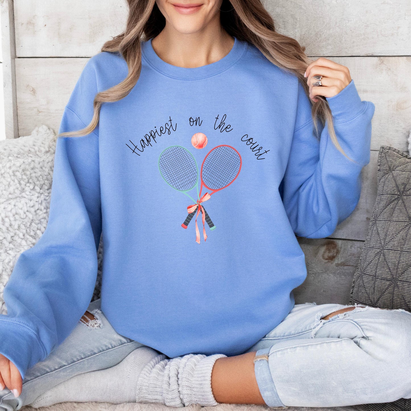 Happiest on the Court Sweatshirt, Cozy Tennis Crewneck, Preppy Pastel Tennis Sweatshirt, Ribbon Graphic Tennis Shirt, Unisex Tennis Gift