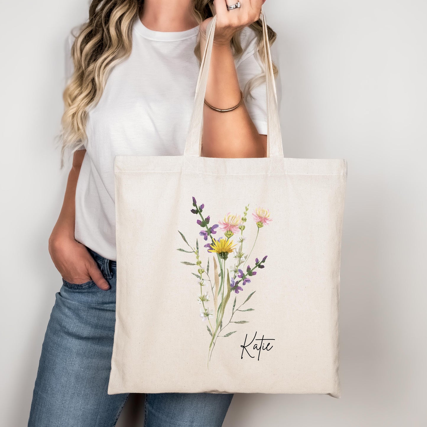 Personalized Wildflower Tote - Custom Floral Canvas Bag - Bridesmaid, Bachelorette, Birthday Gift - Eco-Friendly Tote