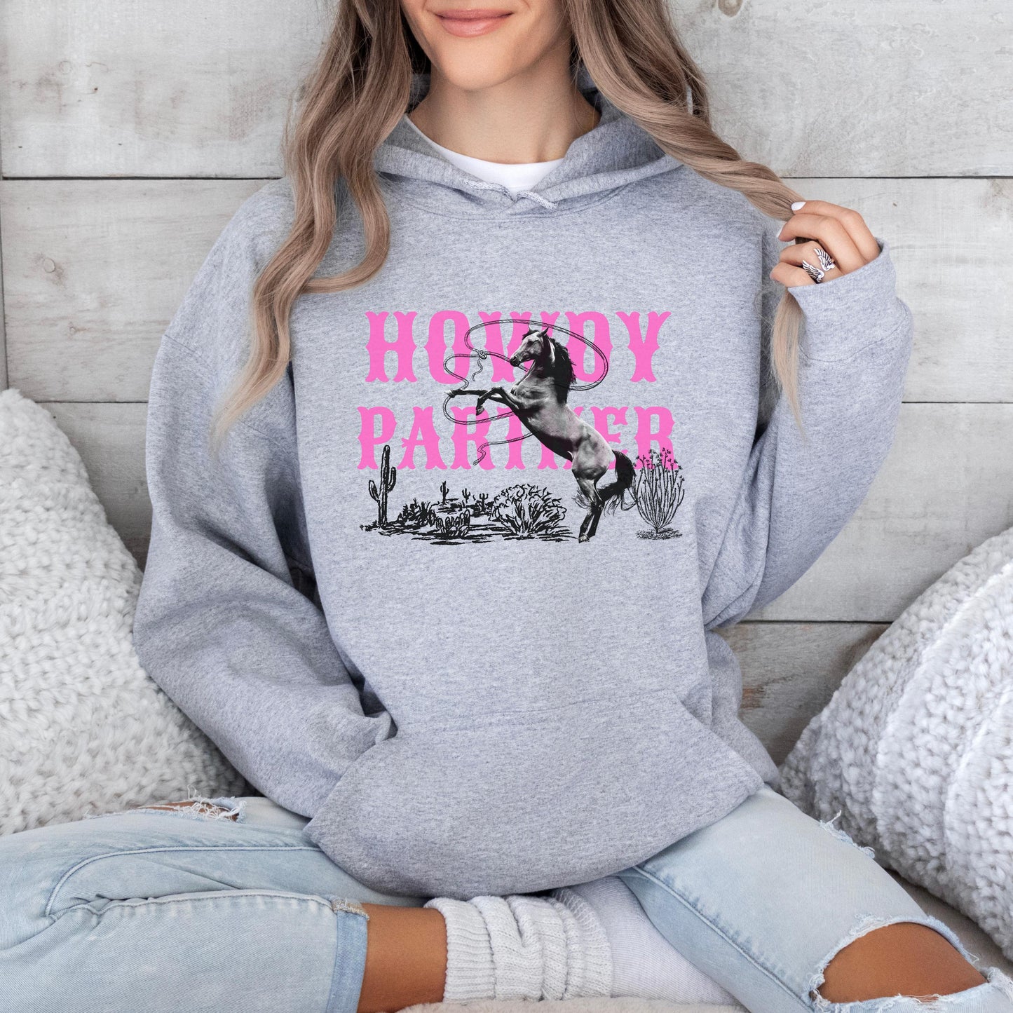Country Western Hoodie, Howdy Partner - Unisex Cowgirl Hoodie, Horse - Rodeo Sweatshirt for Her