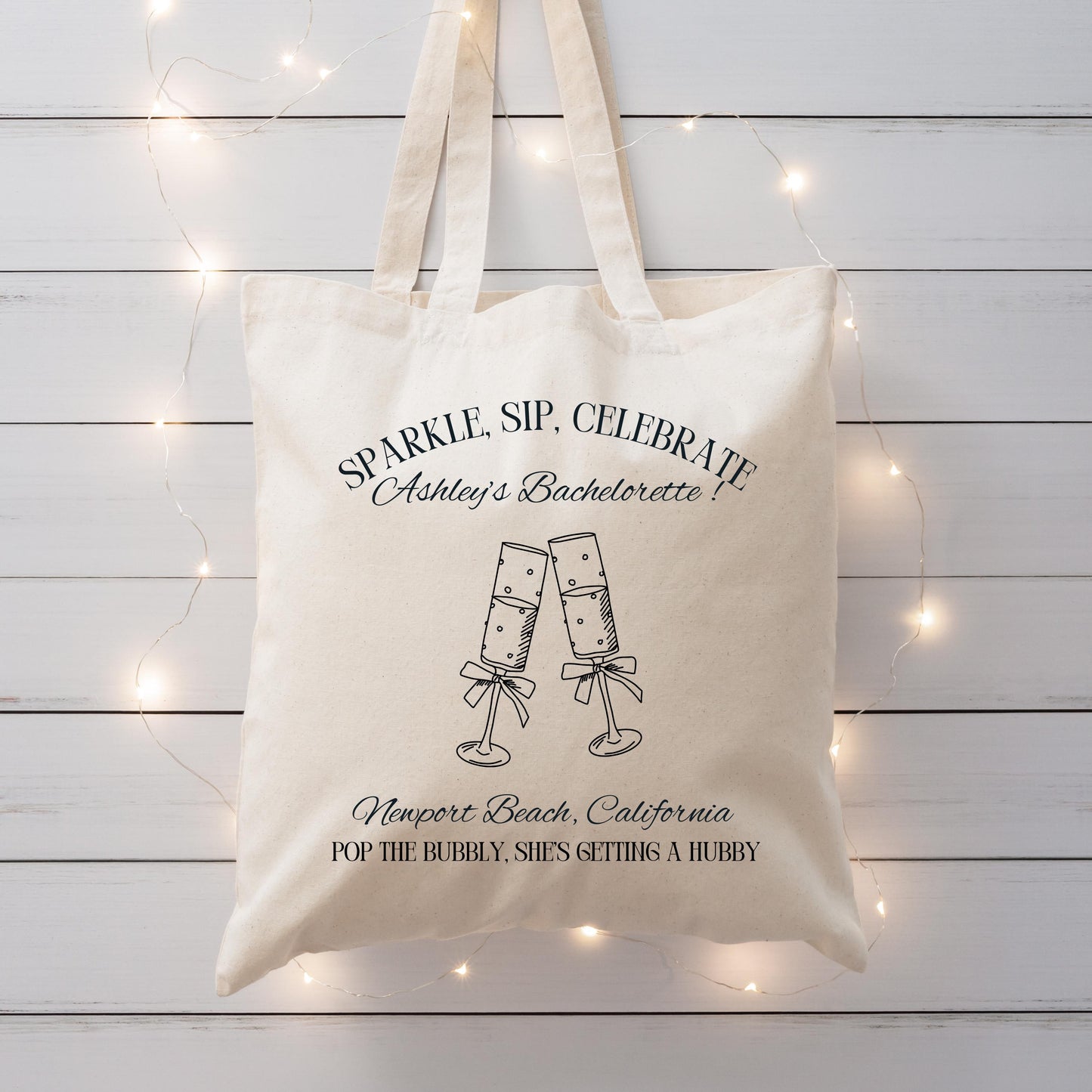Pop the Bubbly Bride Tote, Champagne Bachelorette Bag, Custom Bridal Party Gift, Wedding Weekend Favor, Personalized Tote Bag