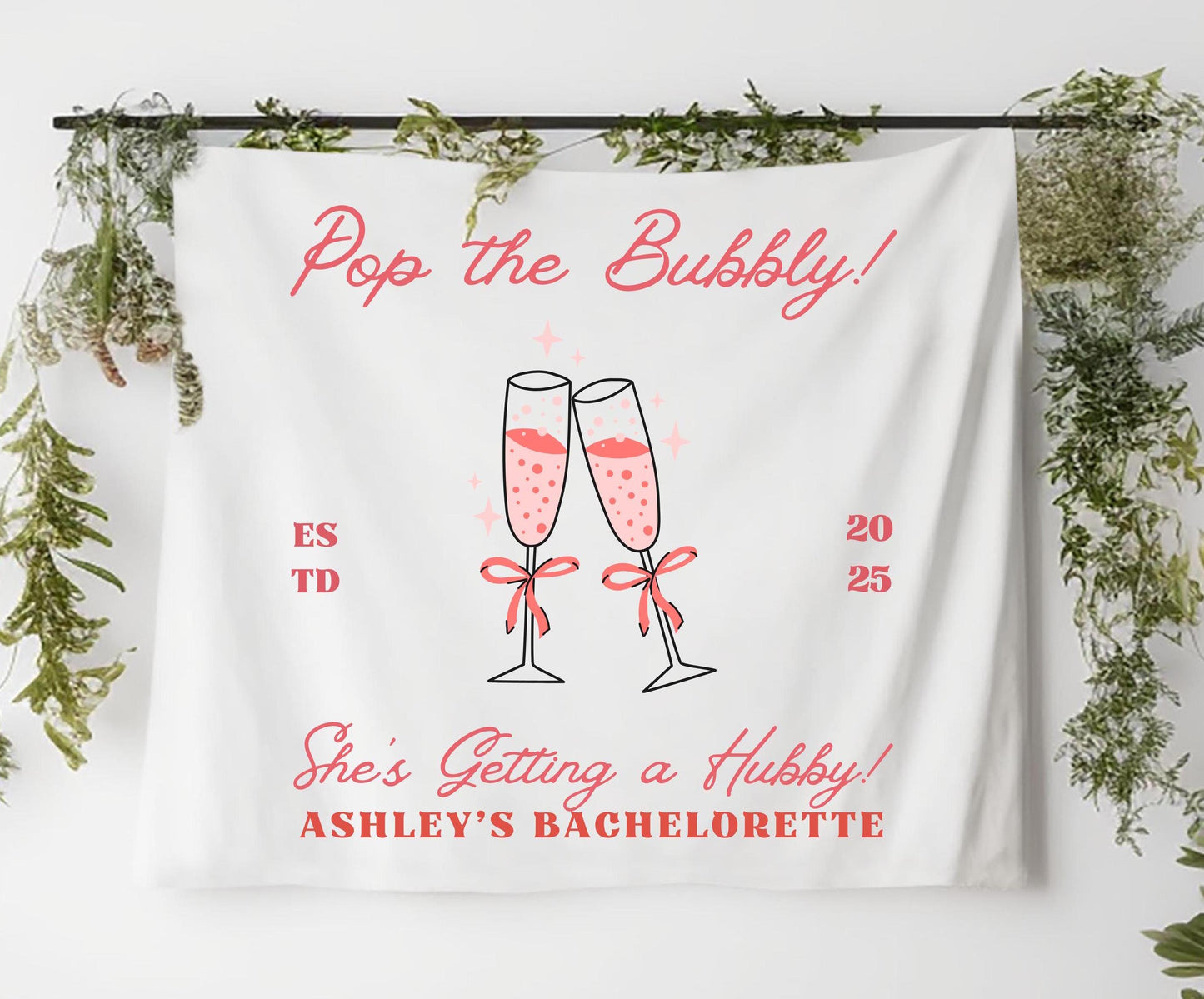 Pop the Bubbly She’s Getting a Hubby Banner | Custom Bachelorette Party Tapestry | Bridal Shower Champagne Decor