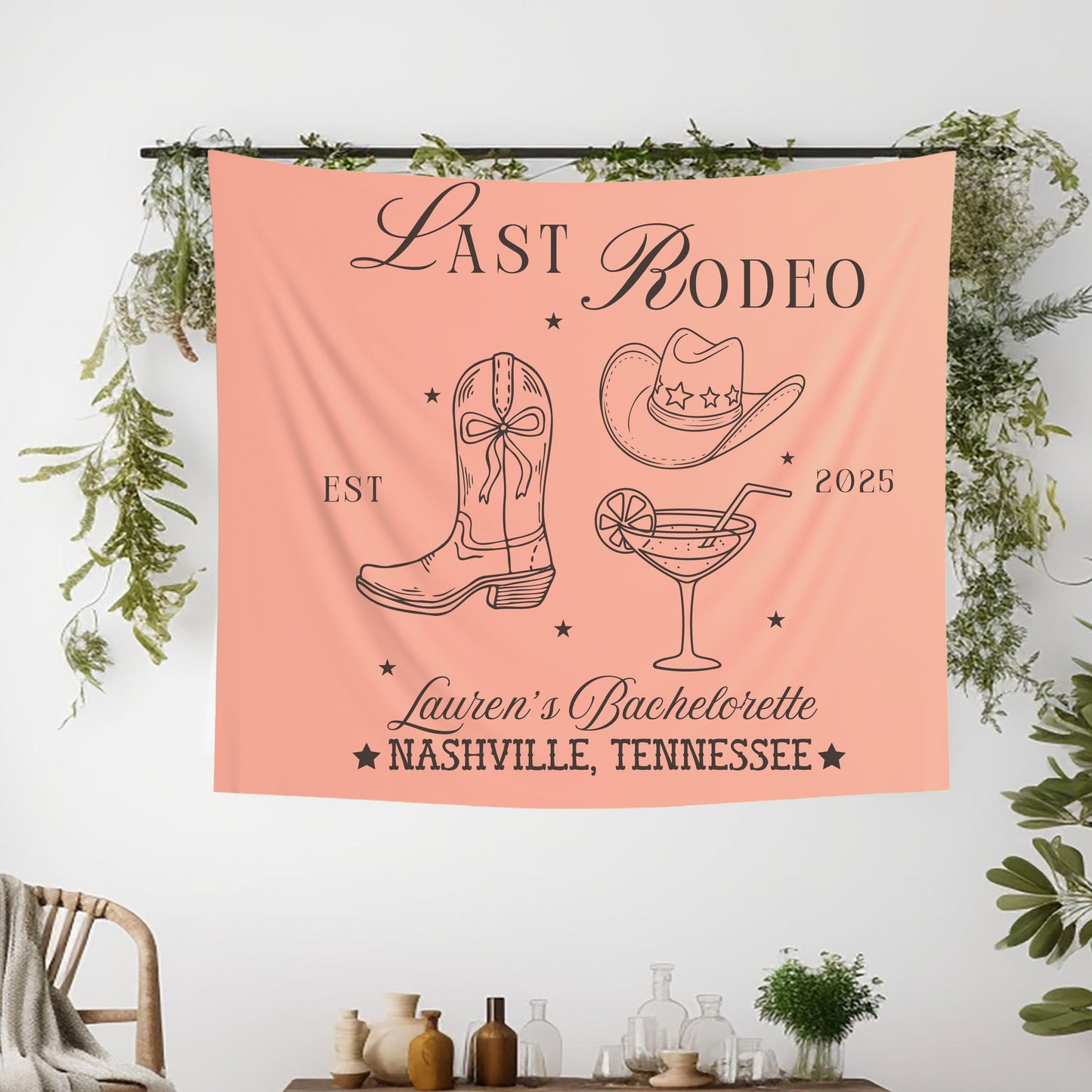 Bachelorette Party Banner, Last Rodeo Sign, Cowgirl Boots Martini Glass Decor, Custom Name Location Year, Bride Bash Tapestry
