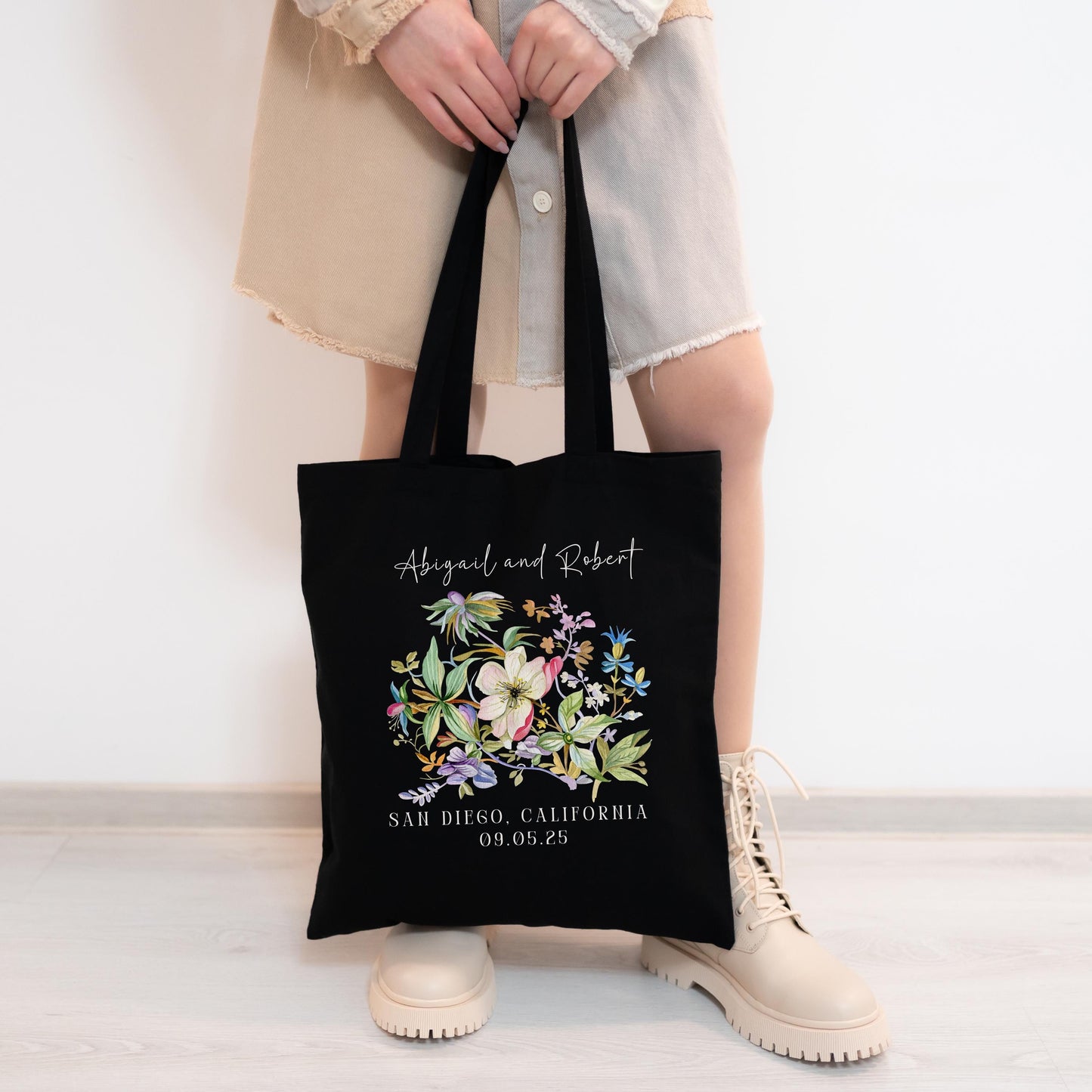 Custom Wedding Tote - Personalized Bridal Party Gift - Destination Wedding Welcome Bag - Elegant Floral Keepsake