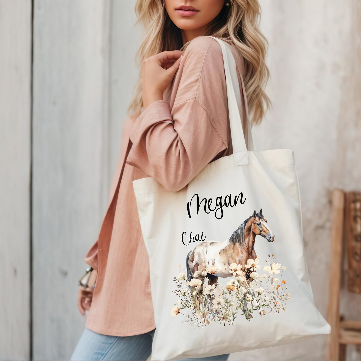 Custom Horse Tote, Horse Lover, Country Western Wildflower Bag, Horse Owner Gift, Birthday for Her, Add Custom Name and Choose Graphic