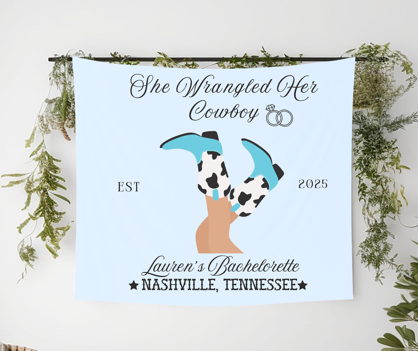 She Wrangled Her Cowboy Banner, Western Bachelorette Party Sign, Cowgirl Boots Decor, Last Rodeo Party Backdrop