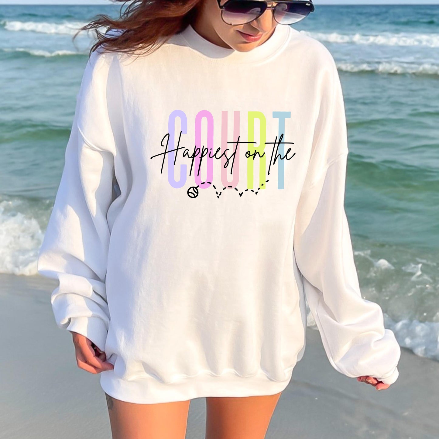 Happiest on the Court Sweatshirt, Colorful Tennis Crewneck, Unisex Gildan 18000, Cozy Tennis Lover Gift, Fun Tennis Ball Graphic Shirt