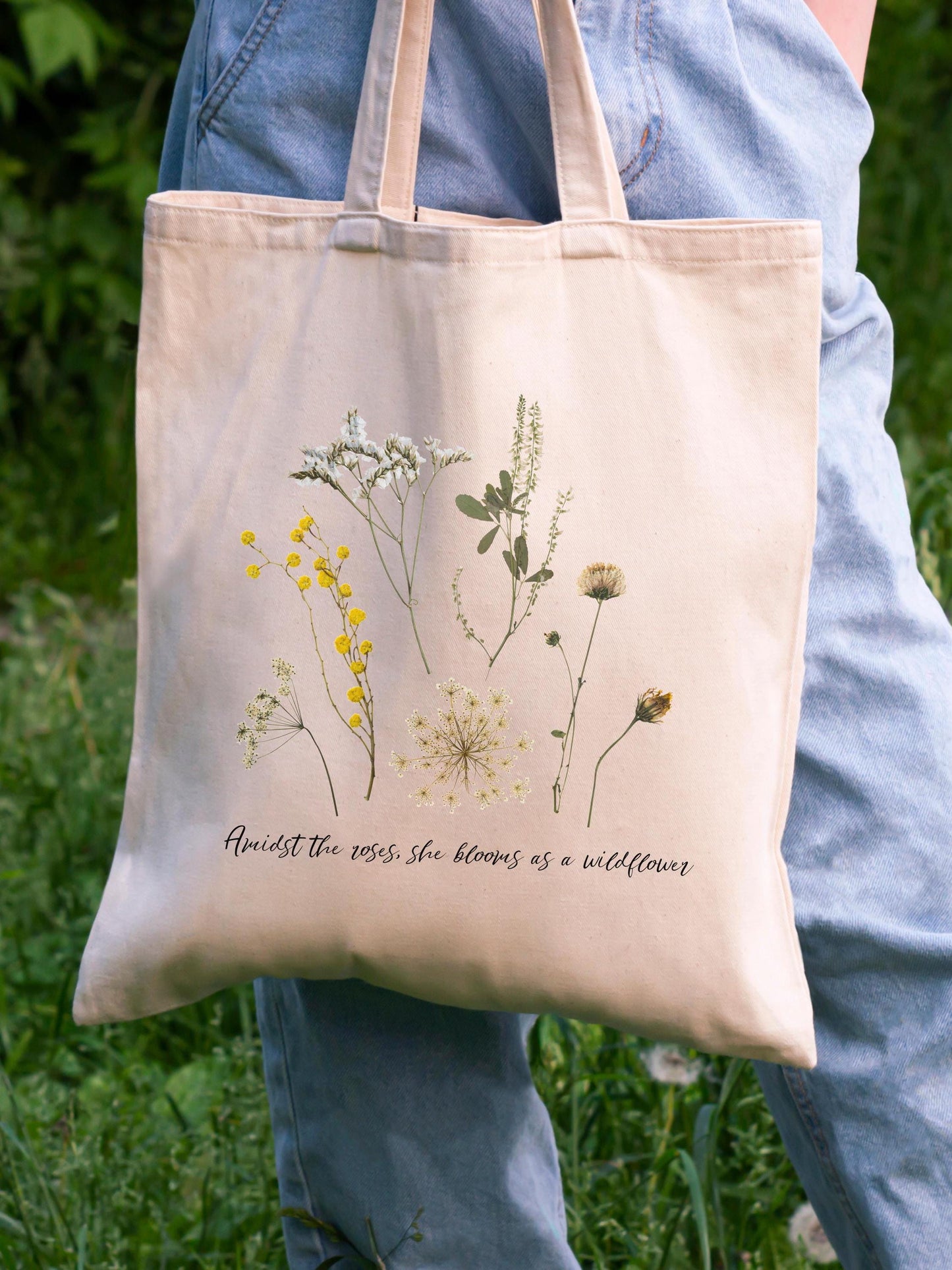Inspirational Quote Tote Bag for Women, Wildflower Poem Canvas Bag, Self Care Gift for Her, Personalized Floral Daily Use Tote