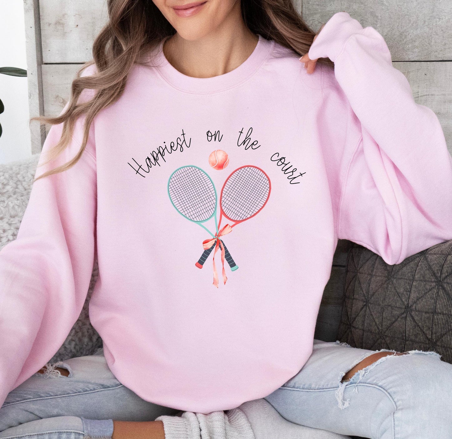 Happiest on the Court Sweatshirt, Cozy Tennis Crewneck, Preppy Pastel Tennis Sweatshirt, Ribbon Graphic Tennis Shirt, Unisex Tennis Gift
