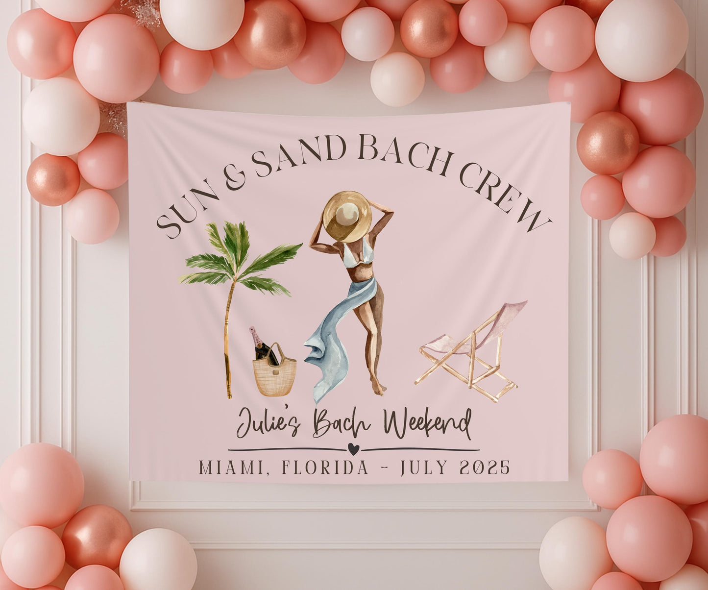 Sun and Sand Bach Crew Banner, Tropical Bachelorette Party Backdrop, Bride Beach Weekend Sign, Custom Miami Girls Trip Decor