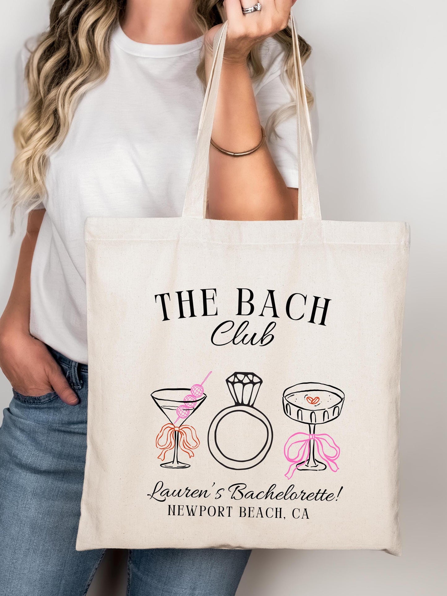 Bach Club Bachelorette Tote, Custom Cocktail Bride Bag, Wedding Ring Graphic Tote, Girls Trip Favor, Bridal Party Weekend Gift