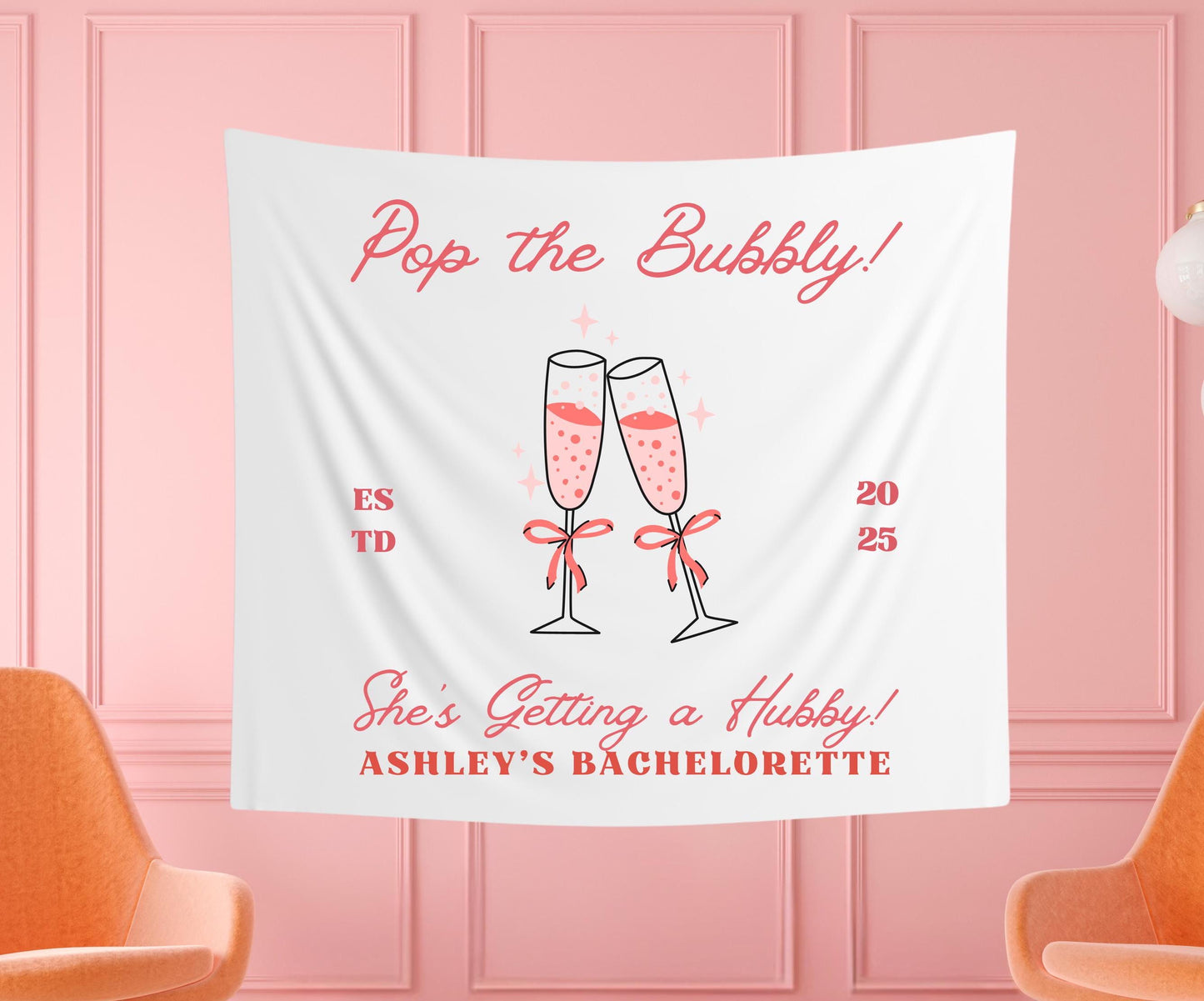 Pop the Bubbly She’s Getting a Hubby Banner | Custom Bachelorette Party Tapestry | Bridal Shower Champagne Decor