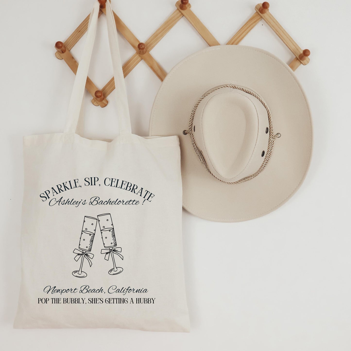 Pop the Bubbly Bride Tote, Champagne Bachelorette Bag, Custom Bridal Party Gift, Wedding Weekend Favor, Personalized Tote Bag