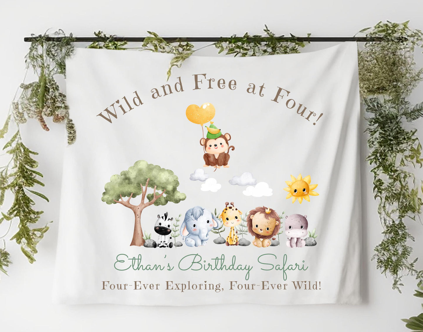 Jungle Safari 4th Birthday Banner | Custom Wild Animal Party Decor | Roaring Four Ever Wild Tapestry | Kids Safari Theme Sign