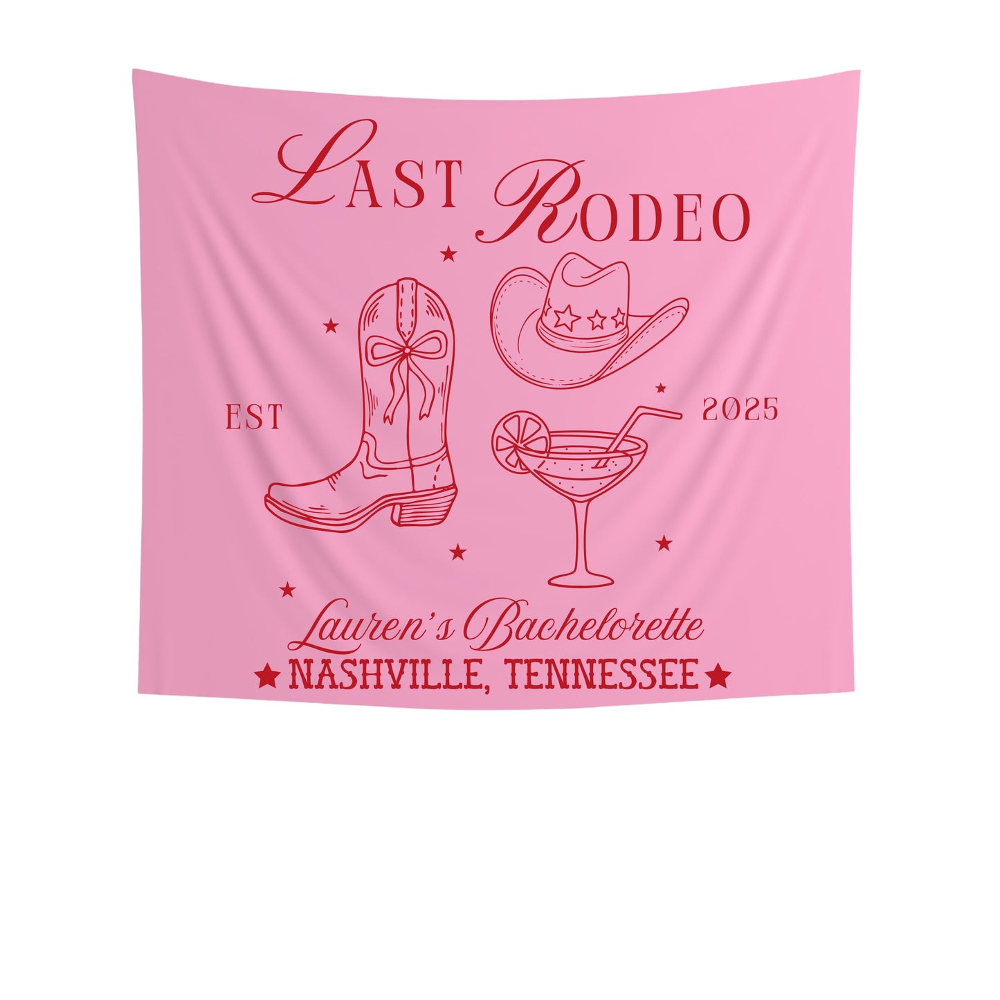 Bachelorette Party Banner, Last Rodeo Sign, Cowgirl Boots Martini Glass Decor, Custom Name Location Year, Bride Bash Tapestry