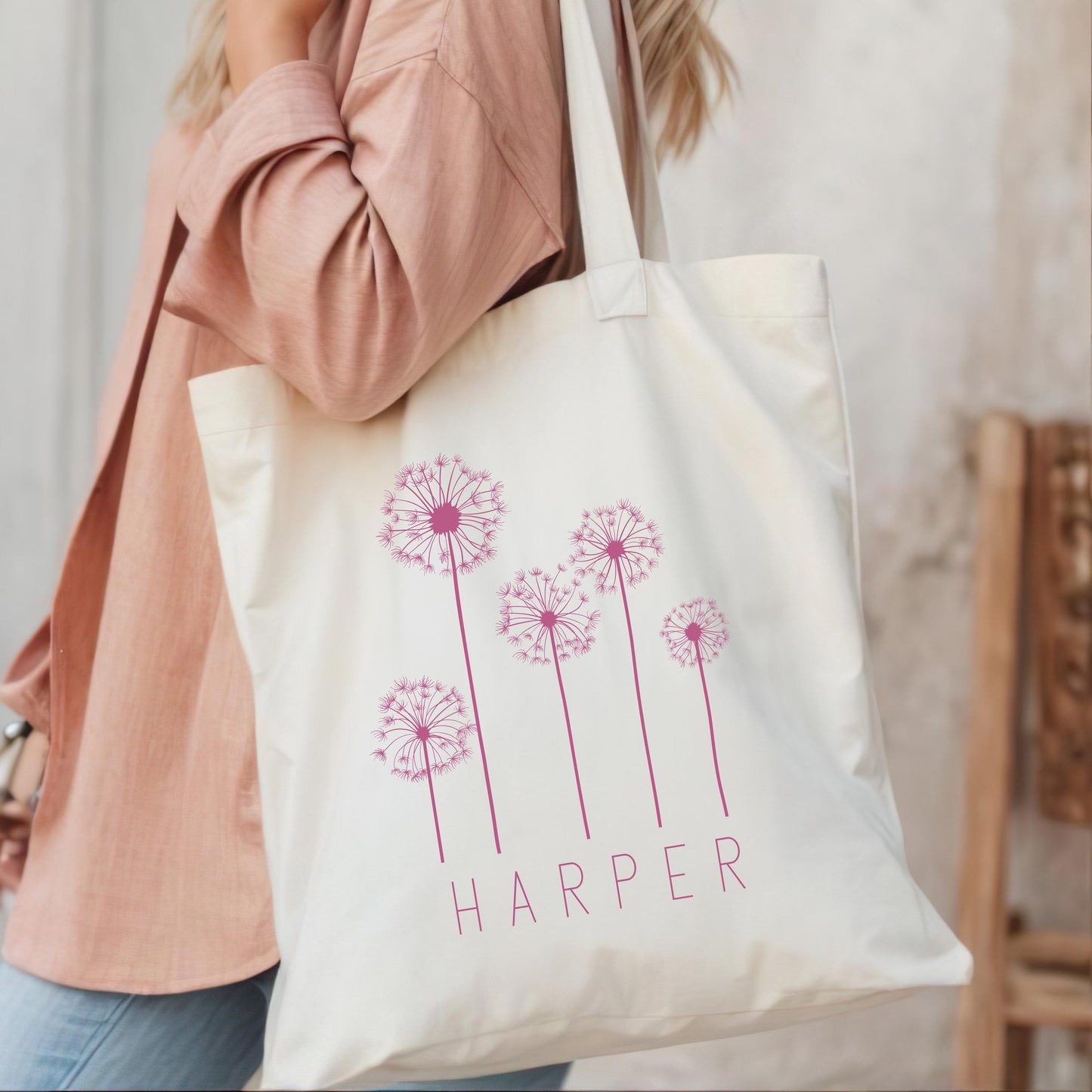 Personalized Dandelion Tote Bag - Custom Name Canvas Tote - Bridesmaid Gift, Wedding Party Favor, Girls Weekend, Mom Gift, Reusable Bag