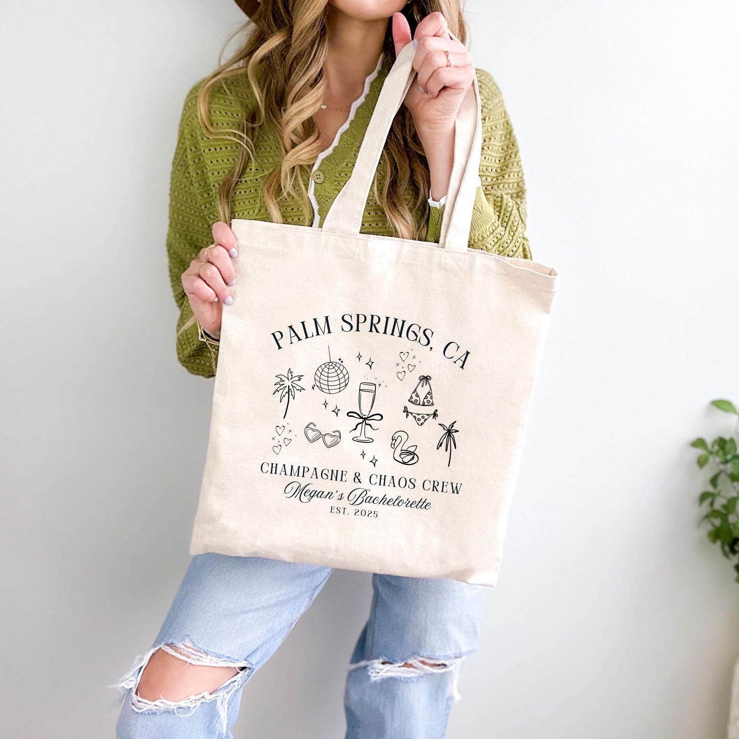 Custom Bachelorette Tote Bag, Champagne and Chaos Crew, Destination Bachelorette Party, Bridesmaid Gift, Girls Trip Bag