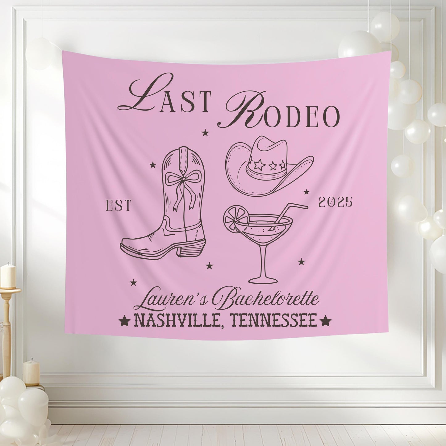 Bachelorette Party Banner, Last Rodeo Sign, Cowgirl Boots Martini Glass Decor, Custom Name Location Year, Bride Bash Tapestry