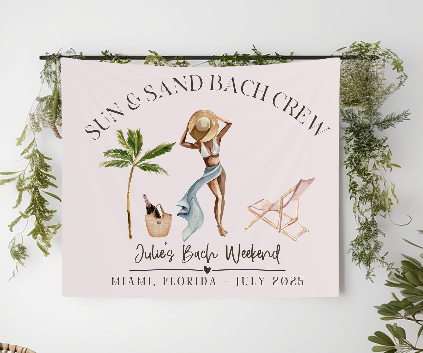 Sun and Sand Bach Crew Banner, Tropical Bachelorette Party Backdrop, Bride Beach Weekend Sign, Custom Miami Girls Trip Decor